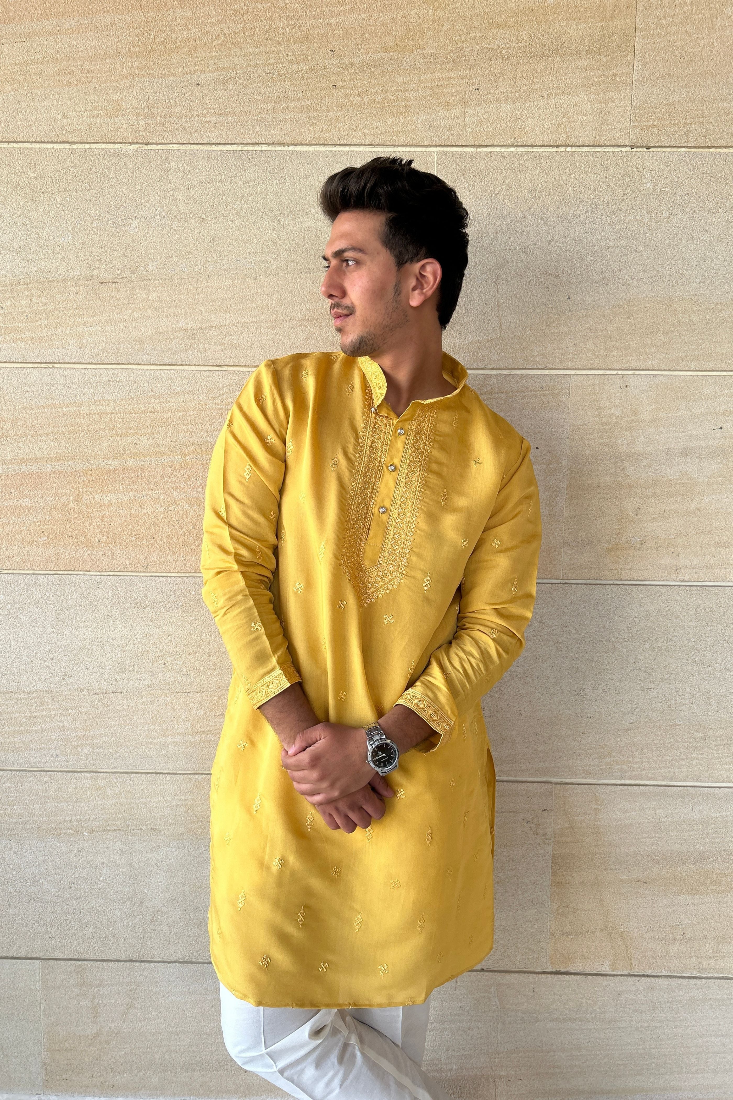 Yellow Sequence Handwork Thread Mens Kurta & Pants Set