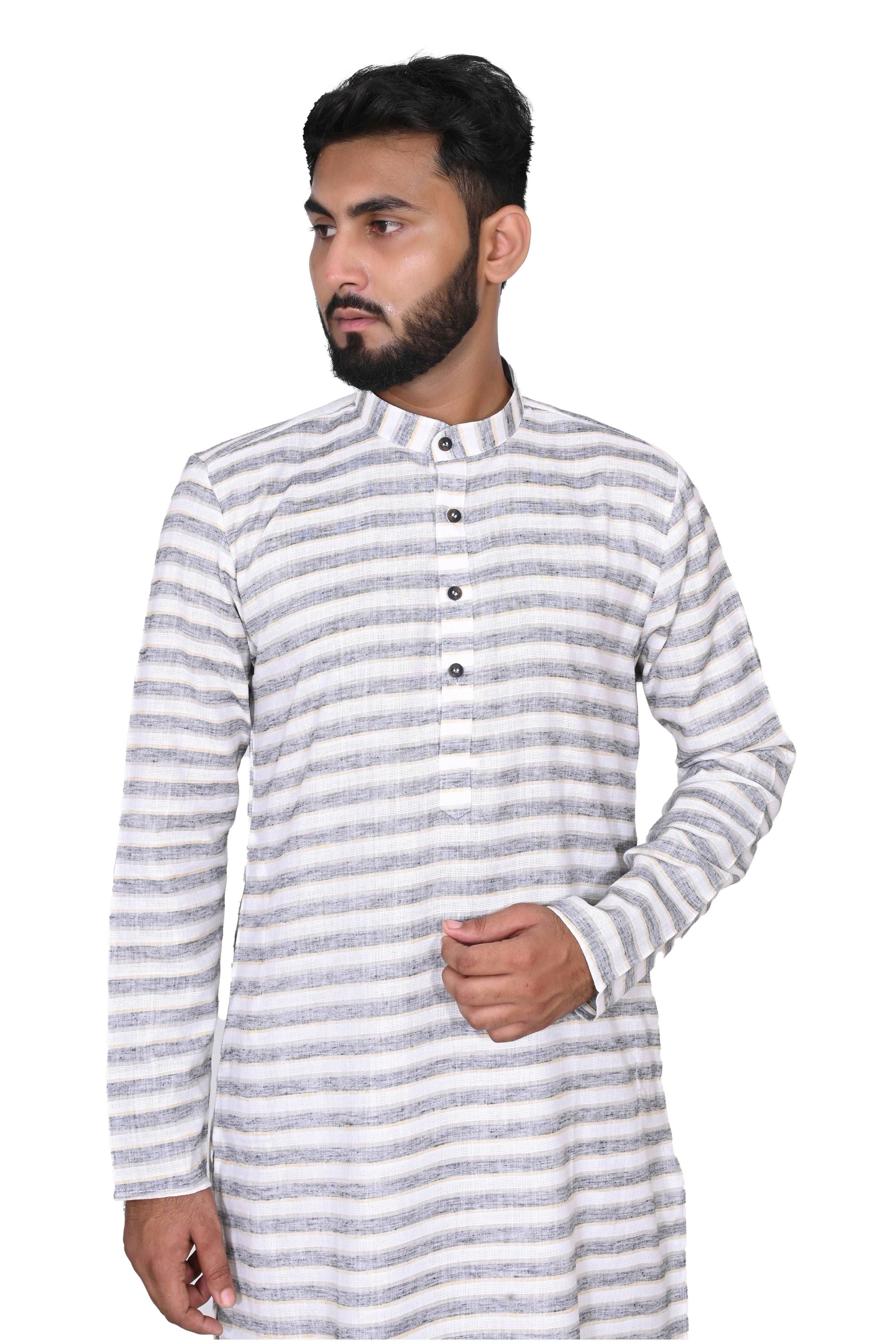Men's Cotton Linen Kurta & White Churidar Pyjama Set