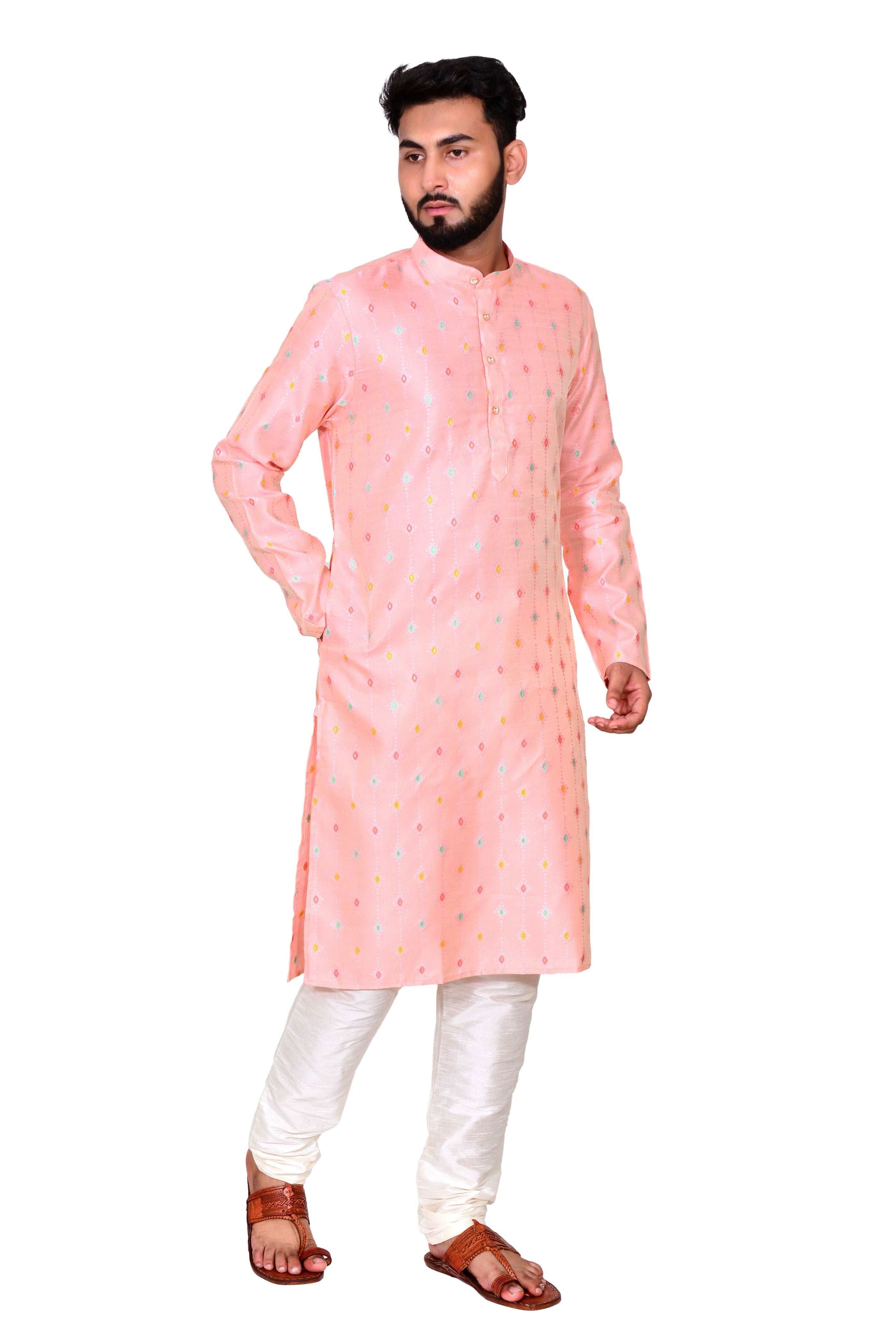 Peach Silk Kurta Set With Motif And Off White Bottom