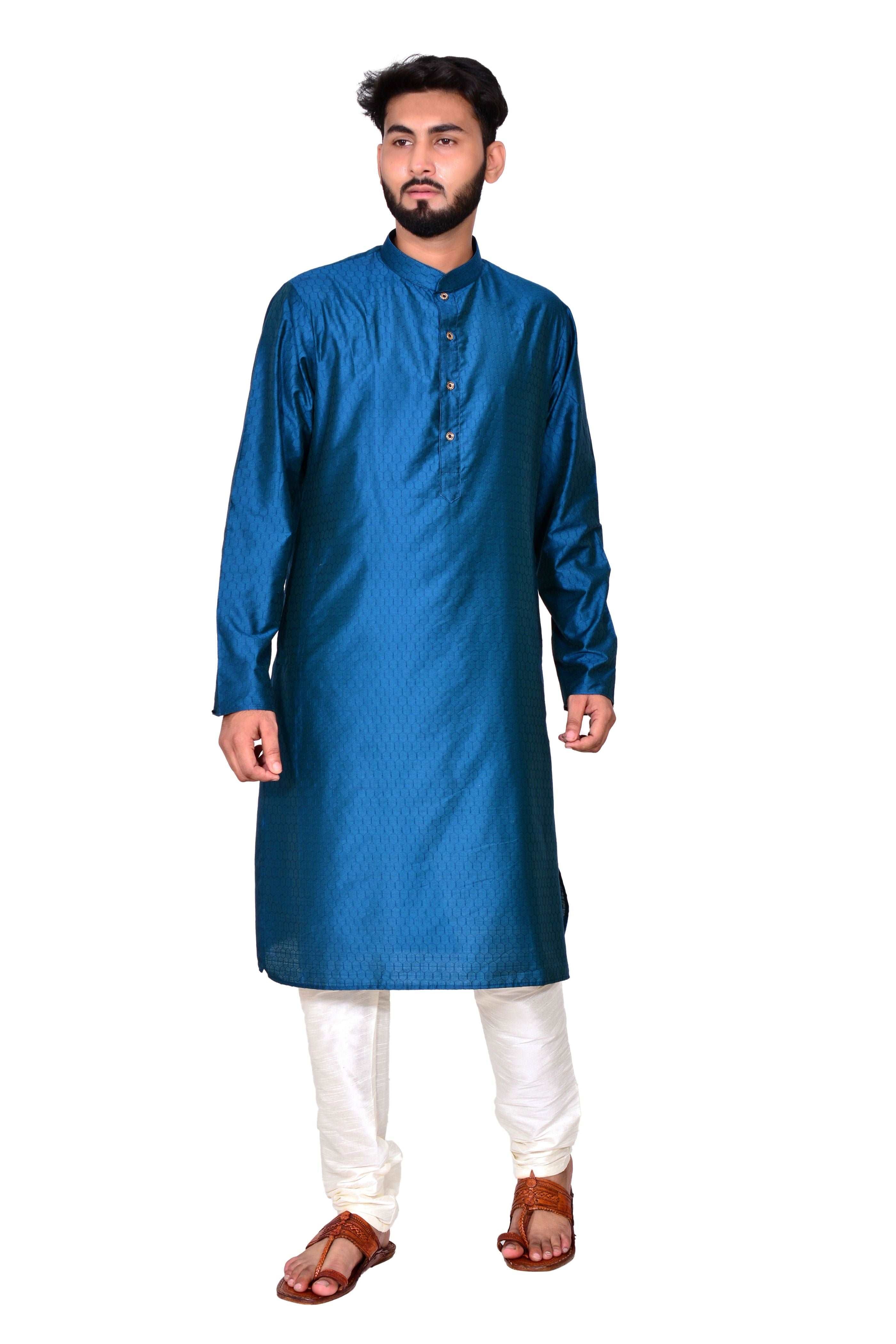 Men's Silk  Kurta & Off White Churidar Pyjama Set
