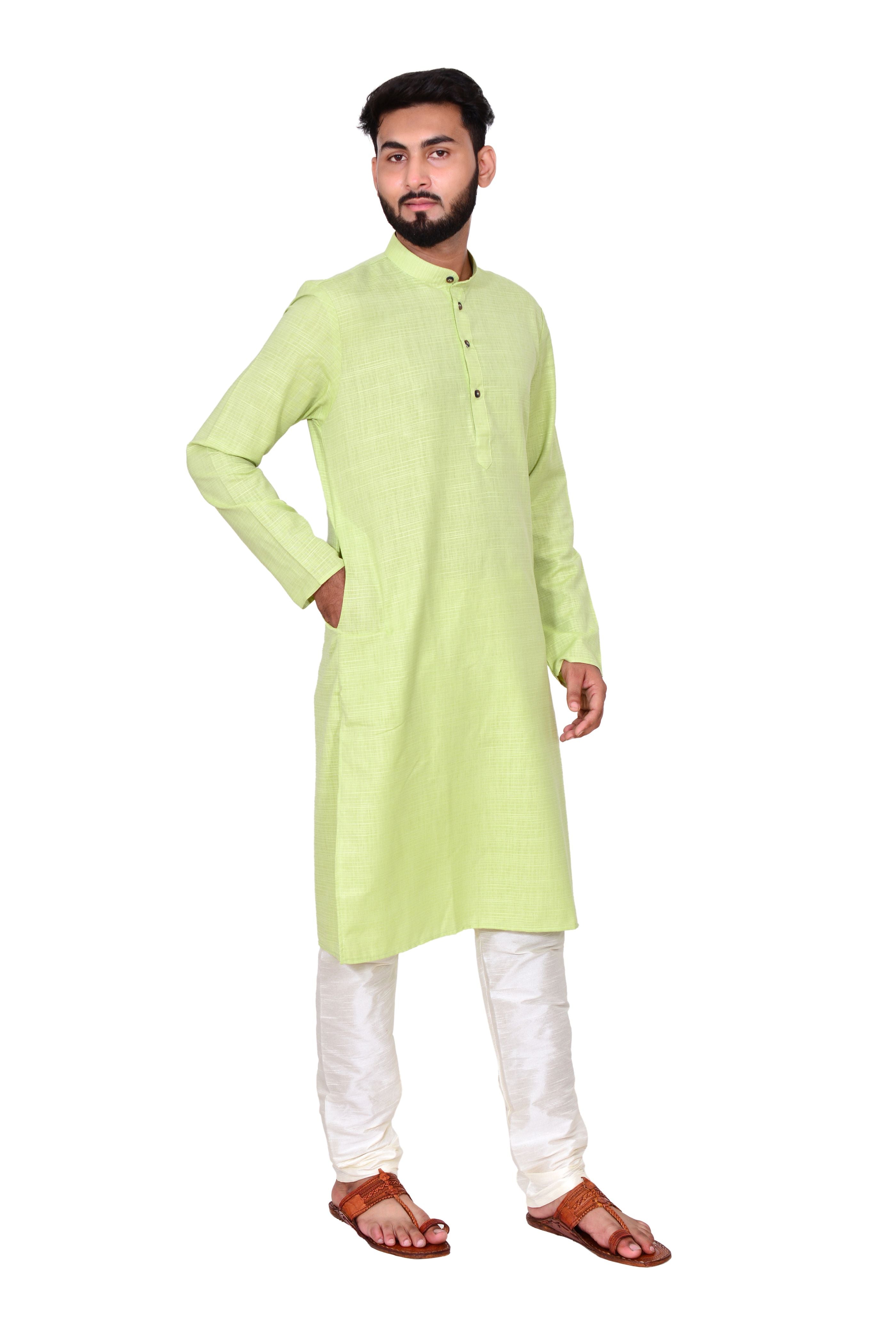 Plain Self Print Lenin Kurta Beige White Bottom