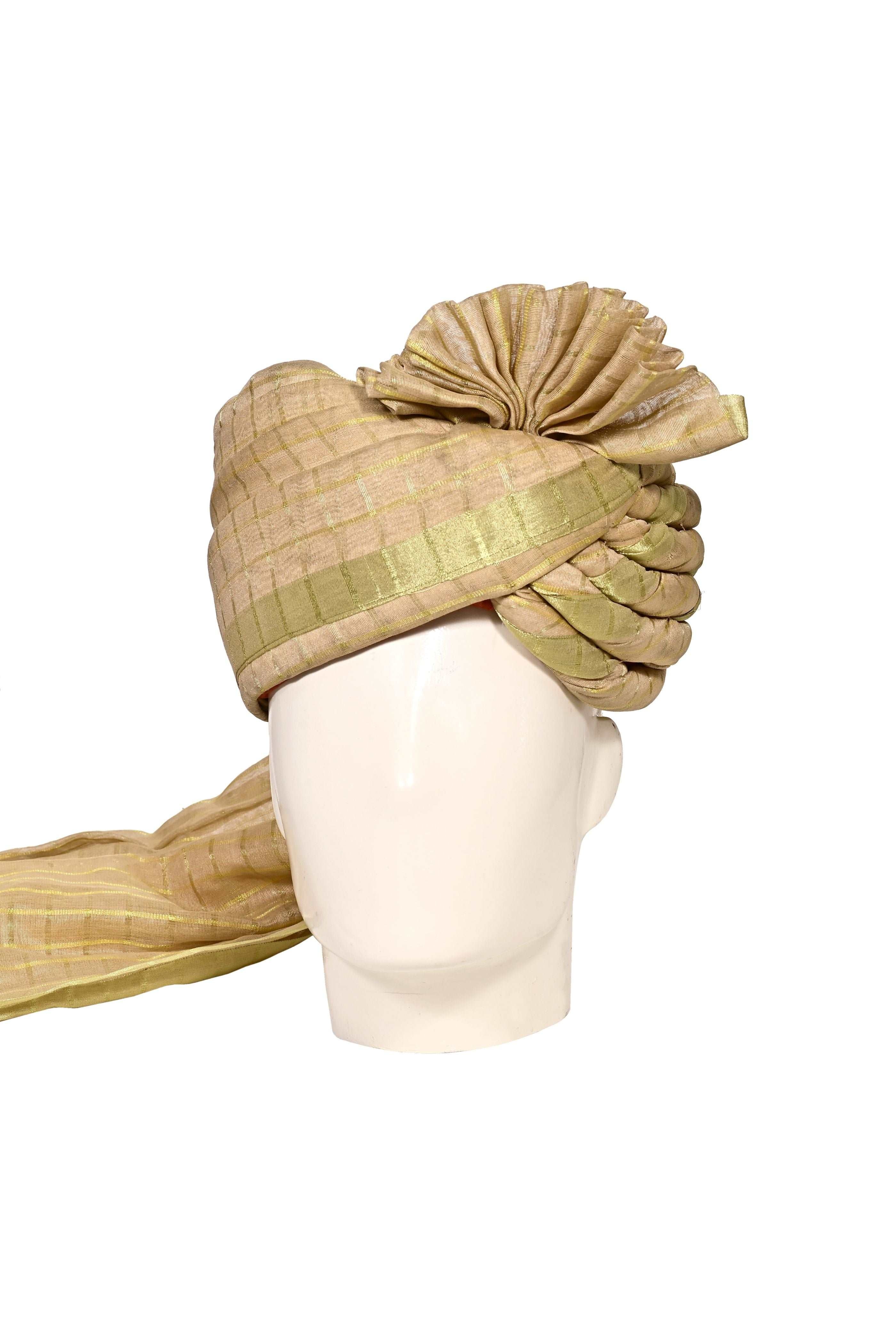 Golden Ready To Wear Cotton Silk Zari Striped Pagri/safa/turban/pheta (Turban Safa) For Men For Wedding/marriage And Traditional Function Charderi Silk Weaving