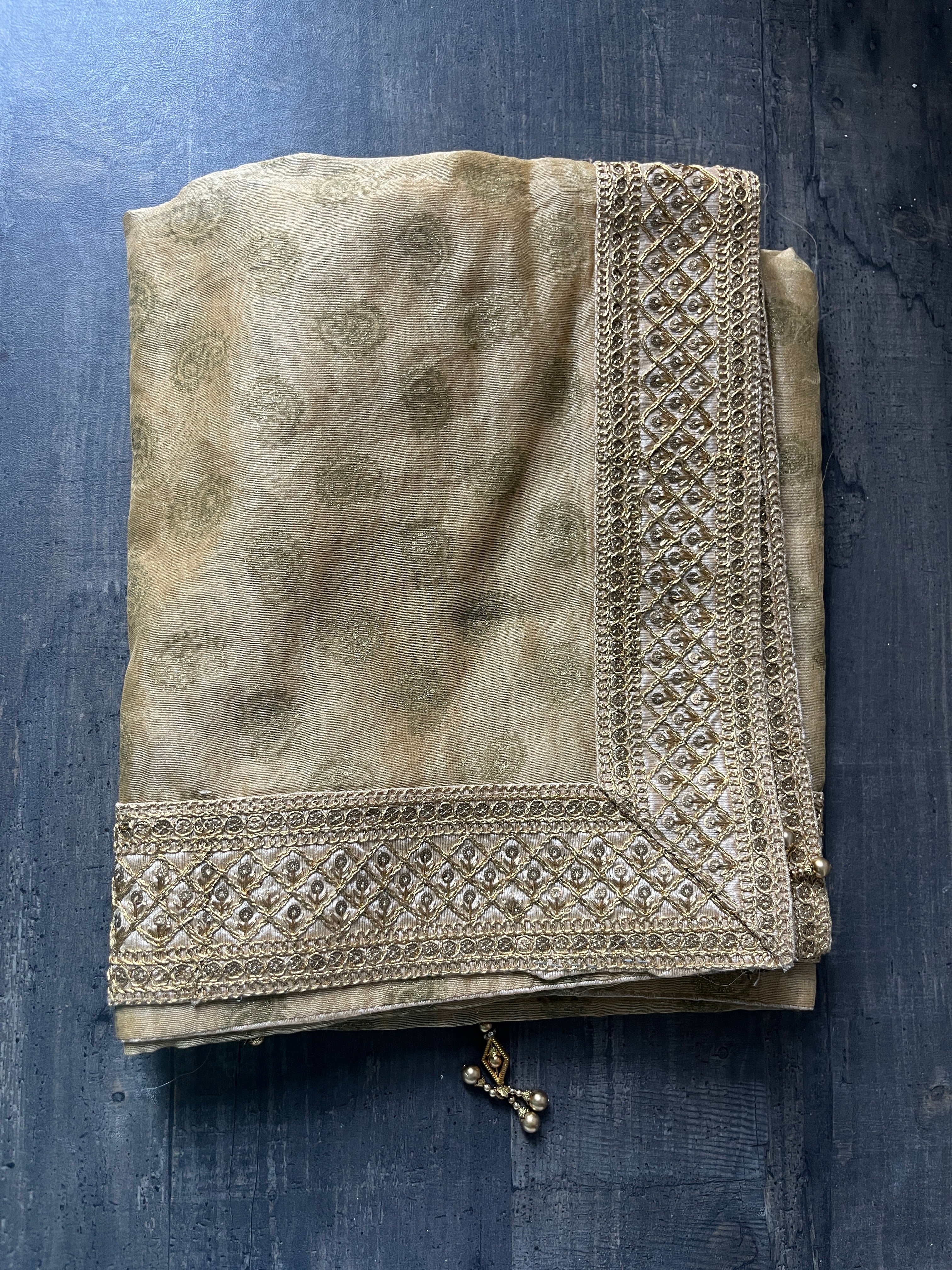 Golden beige Fabric Stole with golden motifs and handcrafted border unisex stole