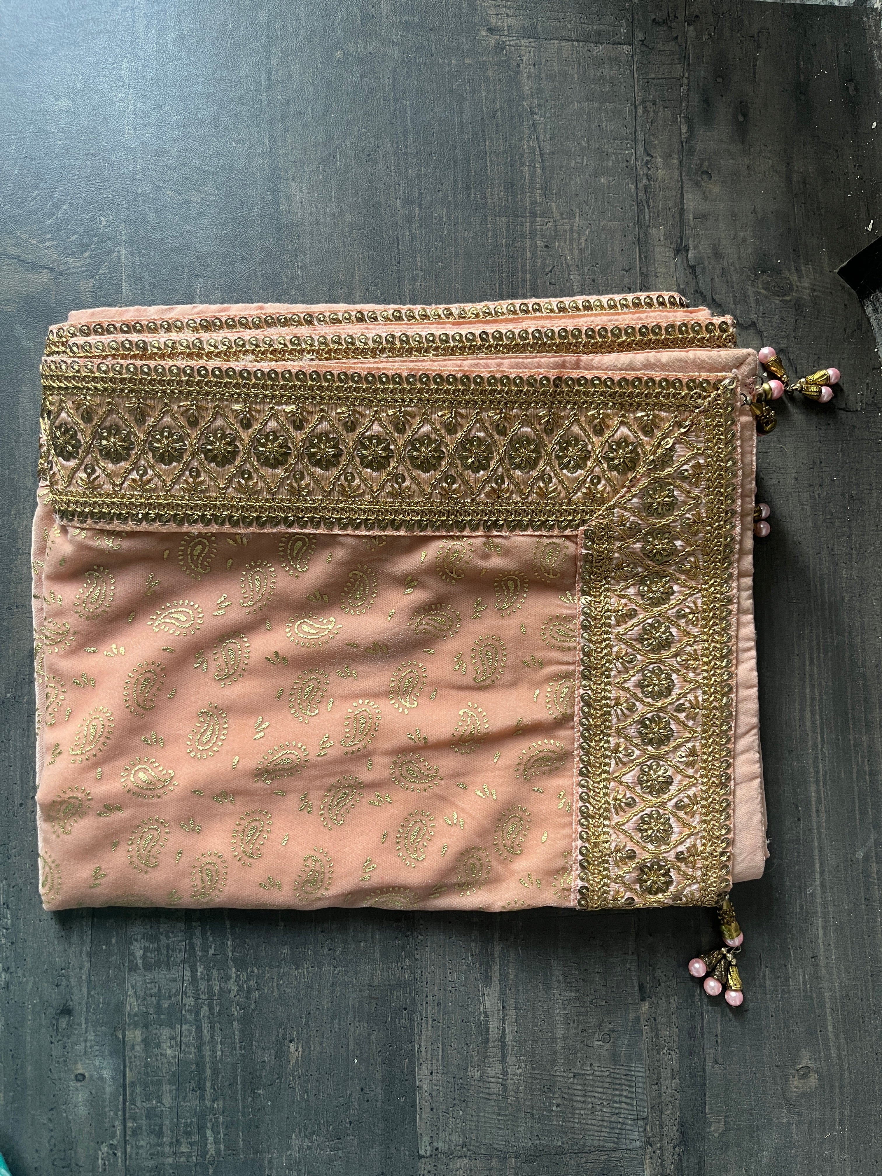 Peach velvet stole with golden prints and handwork border Stole/dupatta For Men and women