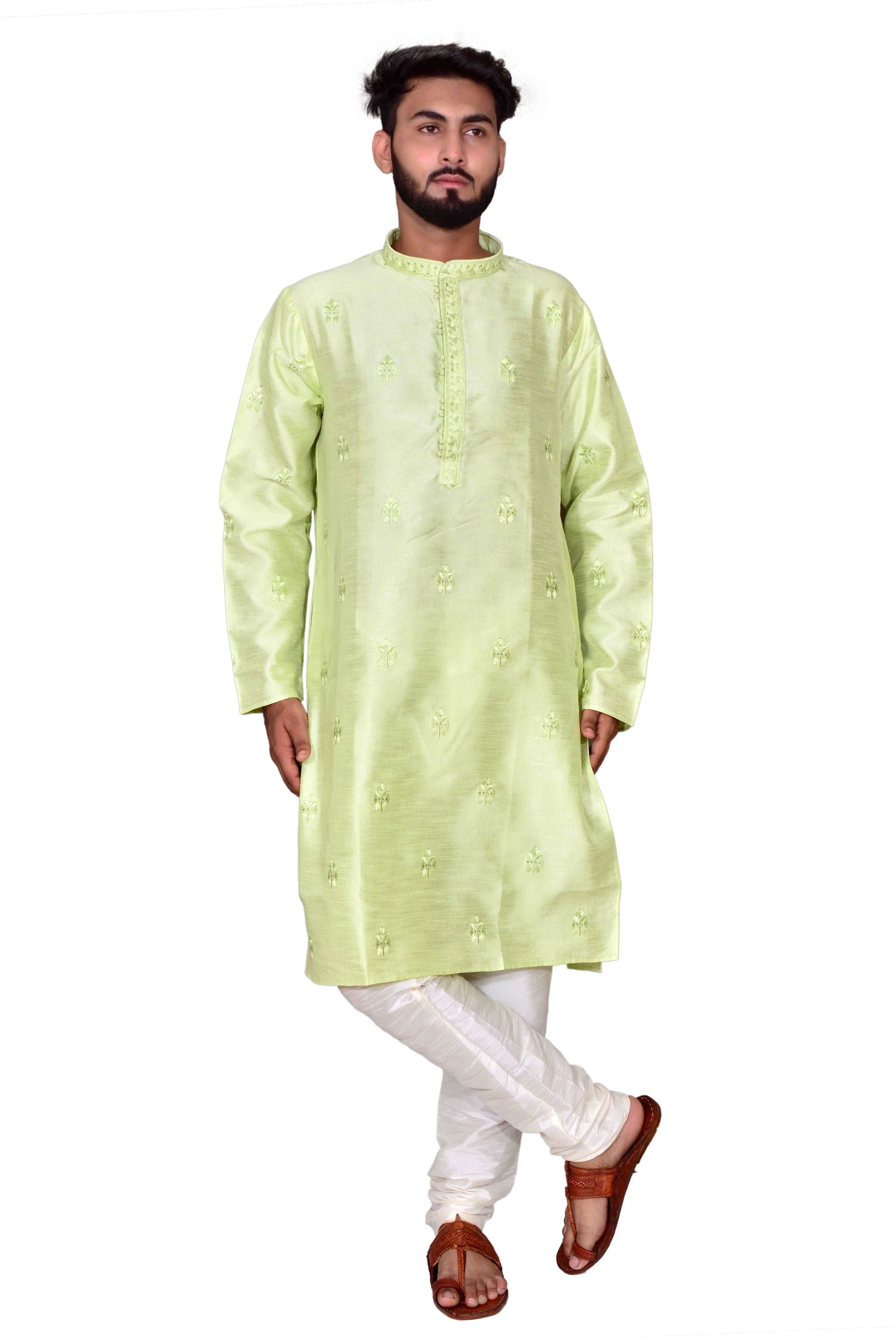 Light Green Sequence Handwork Thread Mens Kurta & Pants Set