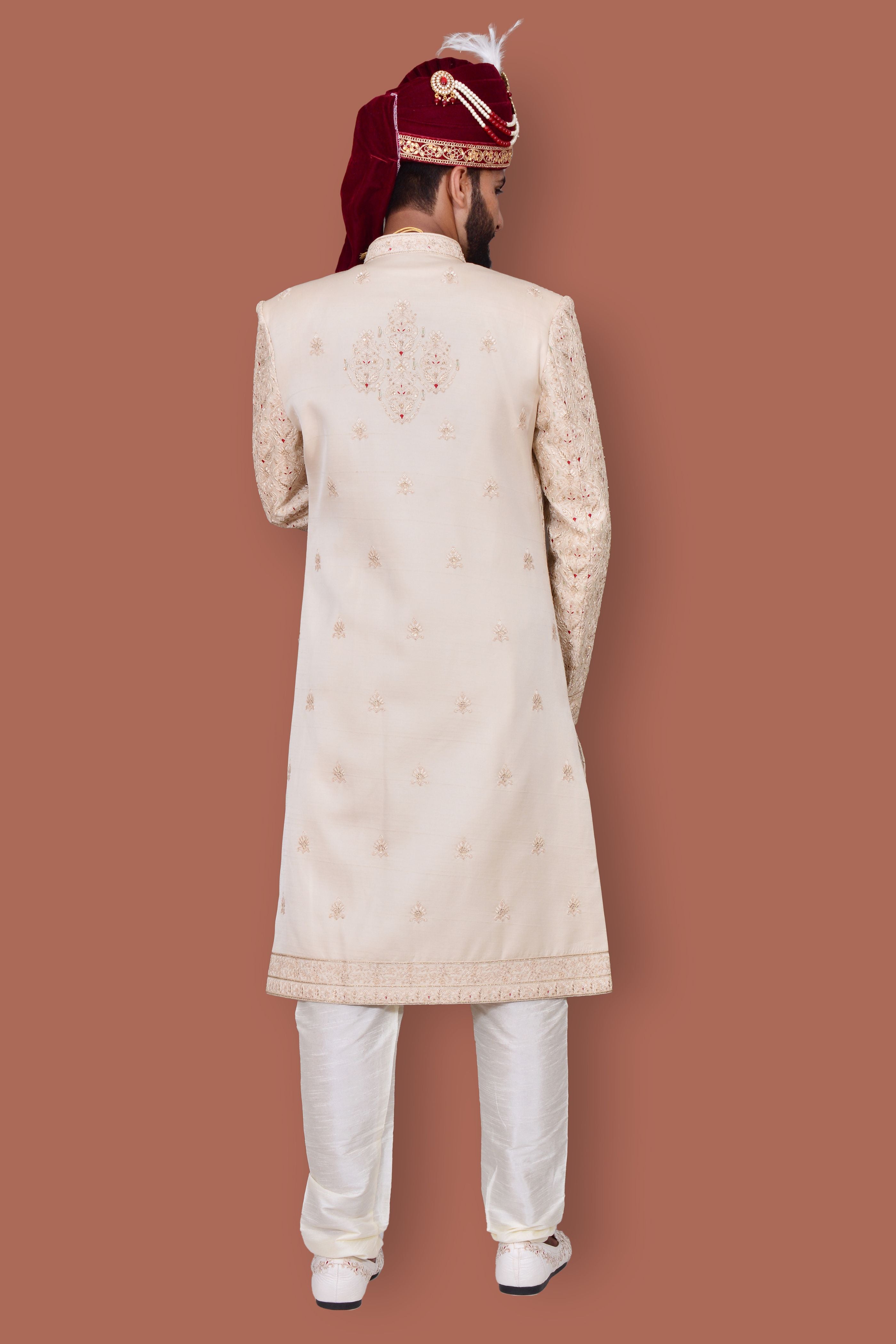 Cream Men's Handwork Sherwani With Churidar Pyjama Set