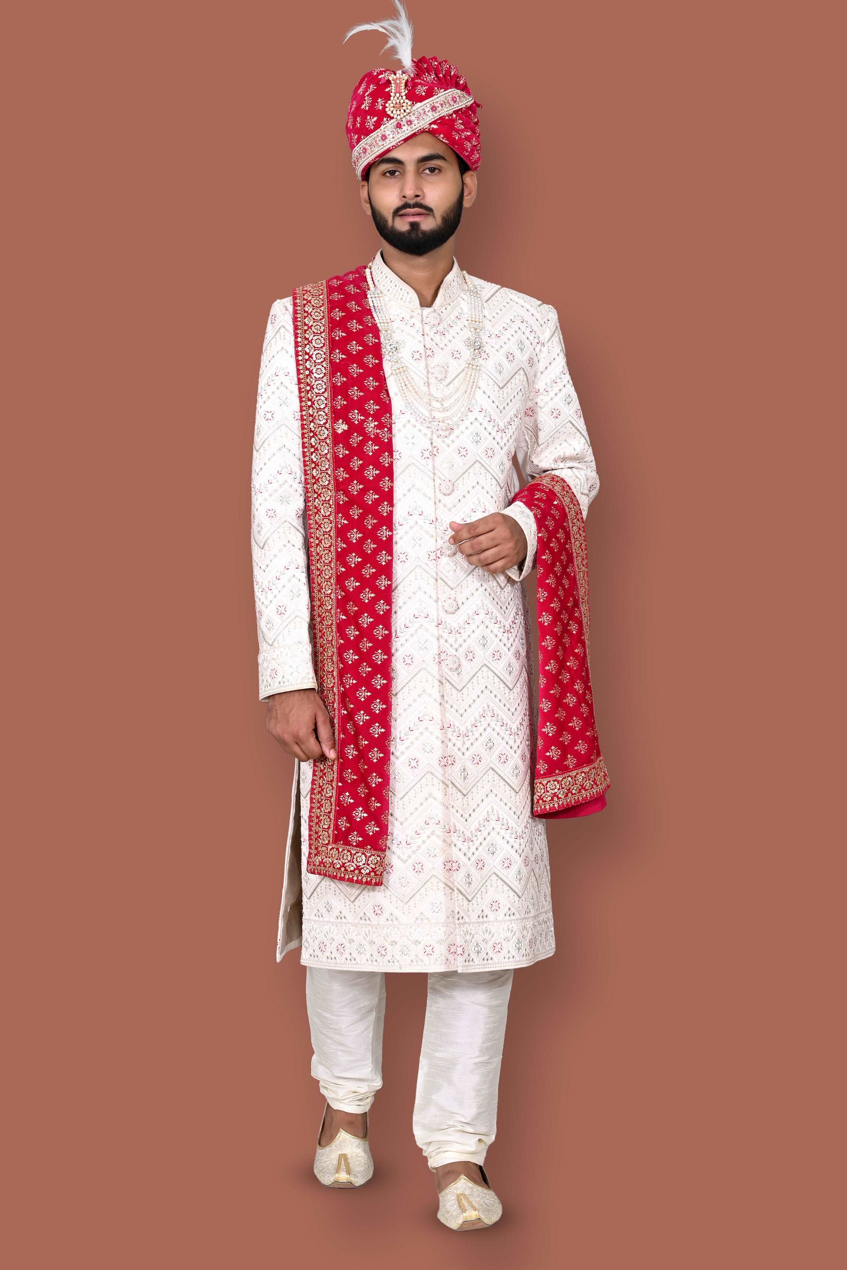 Regal Cream Set With Rani Embroidery Sherwani For Men