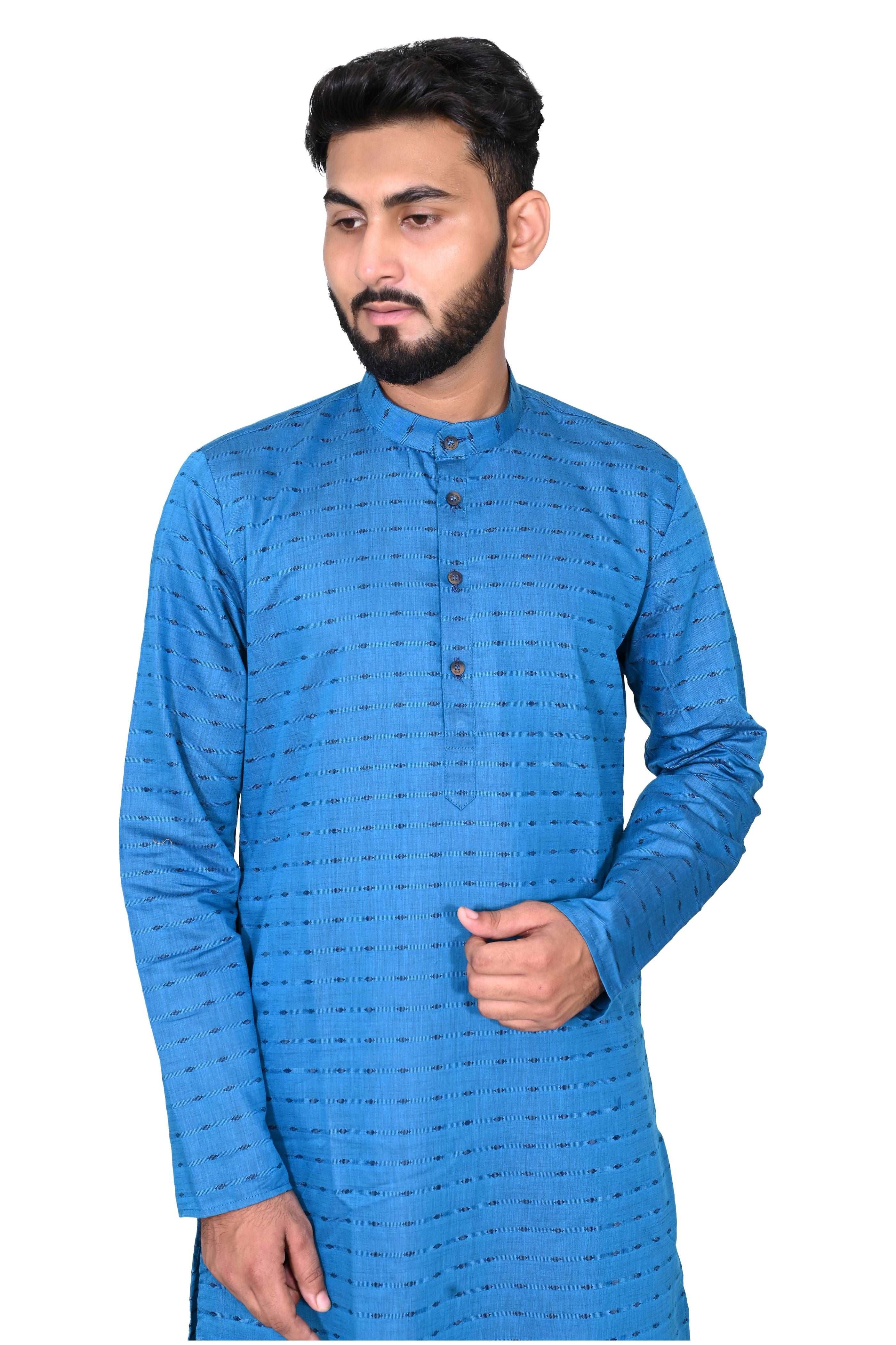 Blue Men's Cotton Linen Kurta & White Churidar Pyjama Set