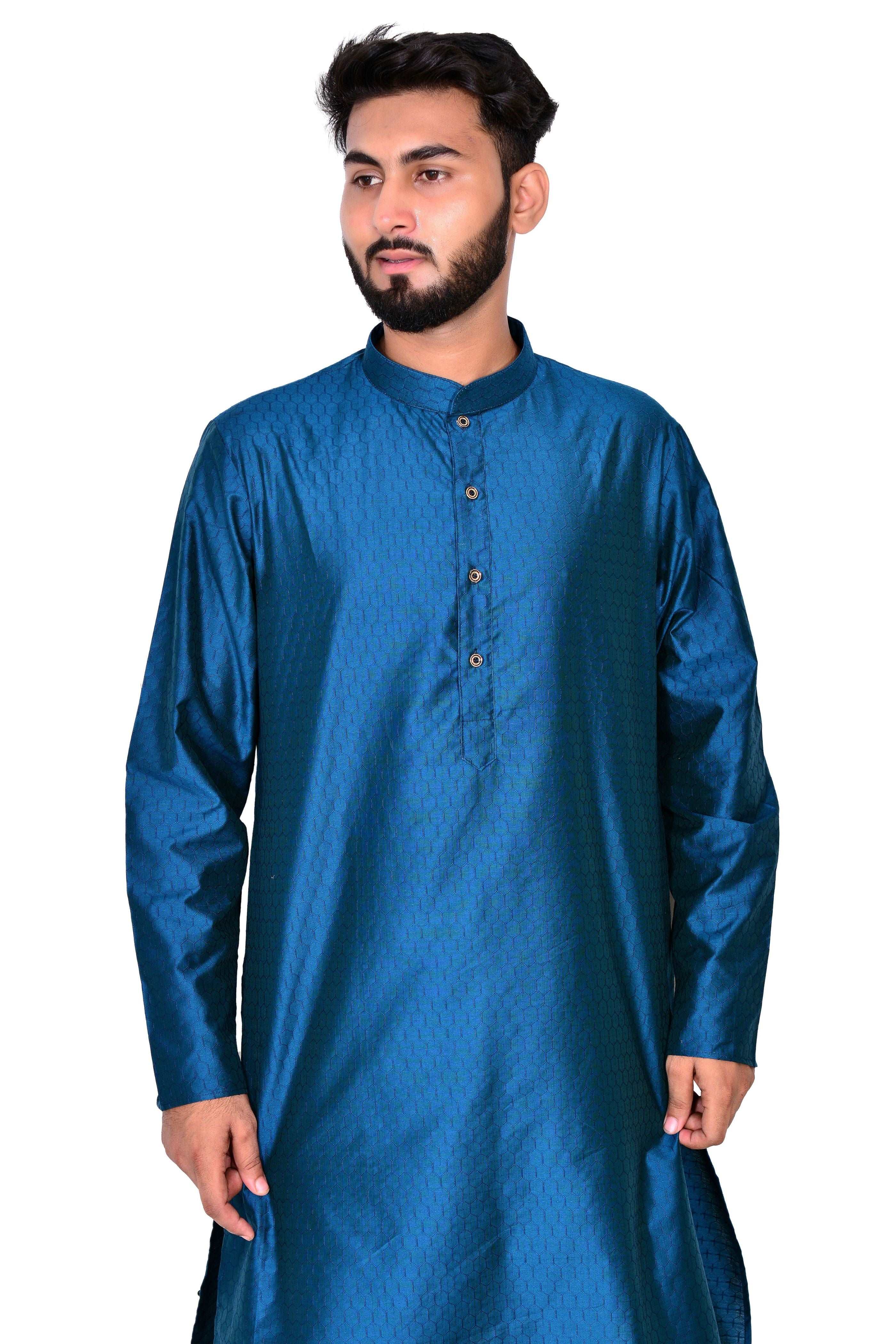 Men's Silk  Kurta & Off White Churidar Pyjama Set
