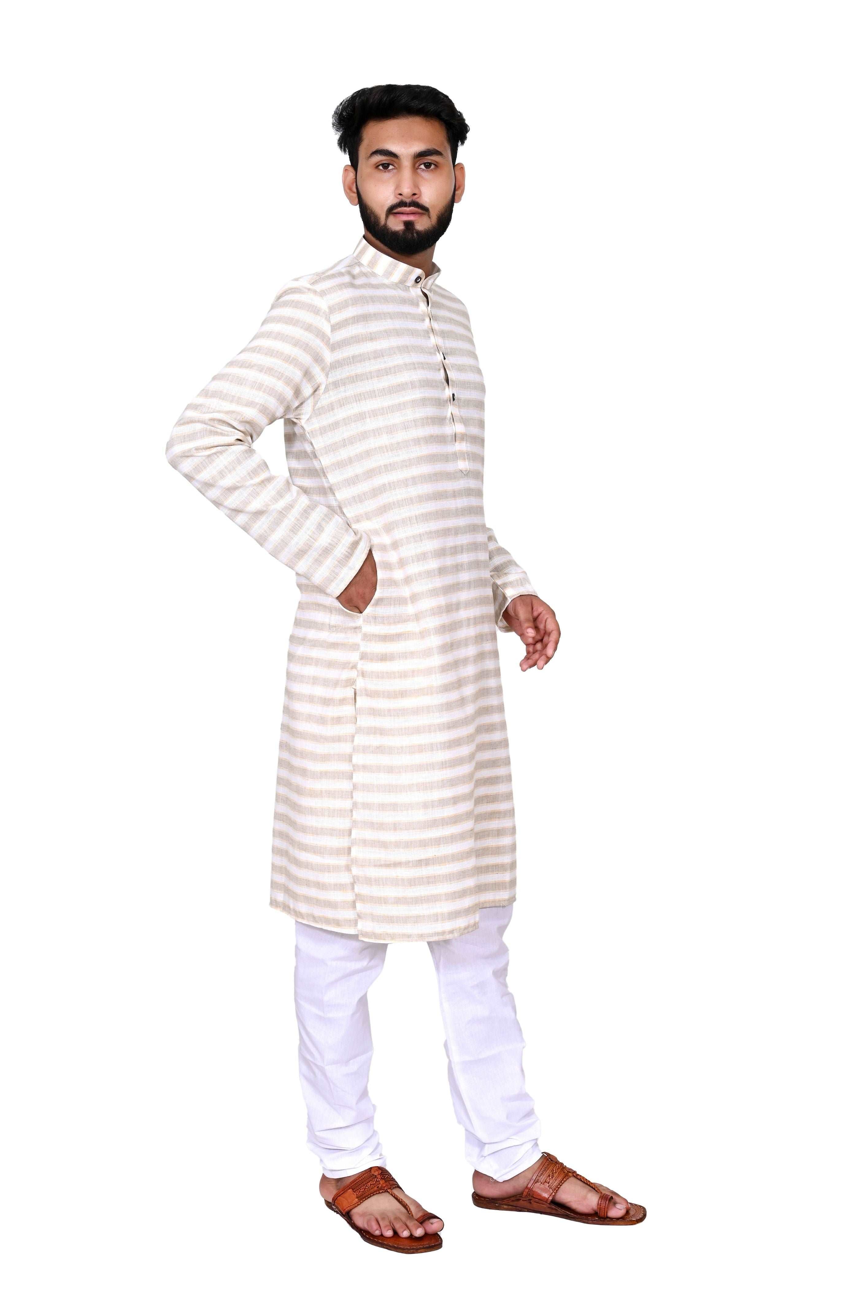Men's Cotton Linen Kurta & White Churidar Pyjama Set