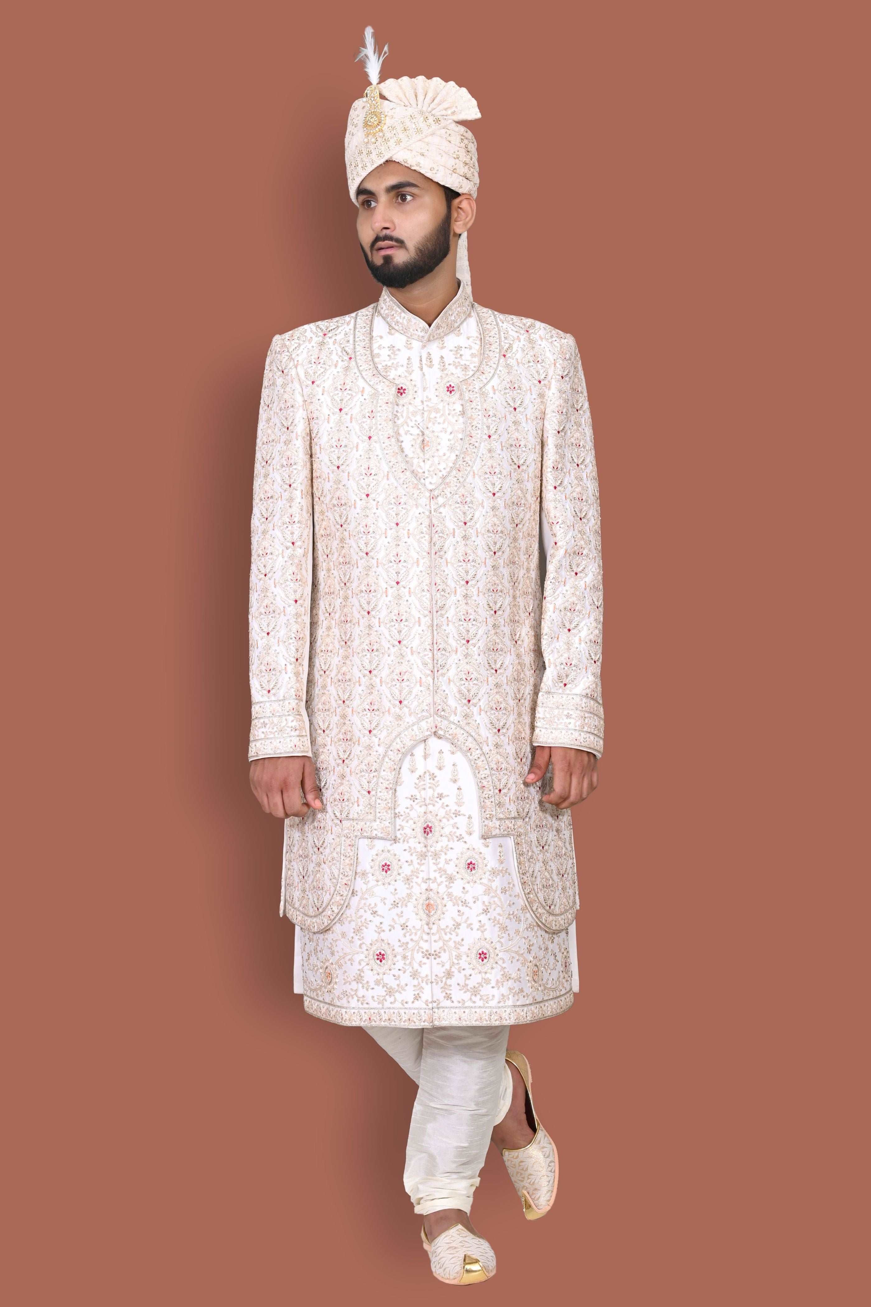Cream Geometric Patterned Achkan Style Sherwani Set