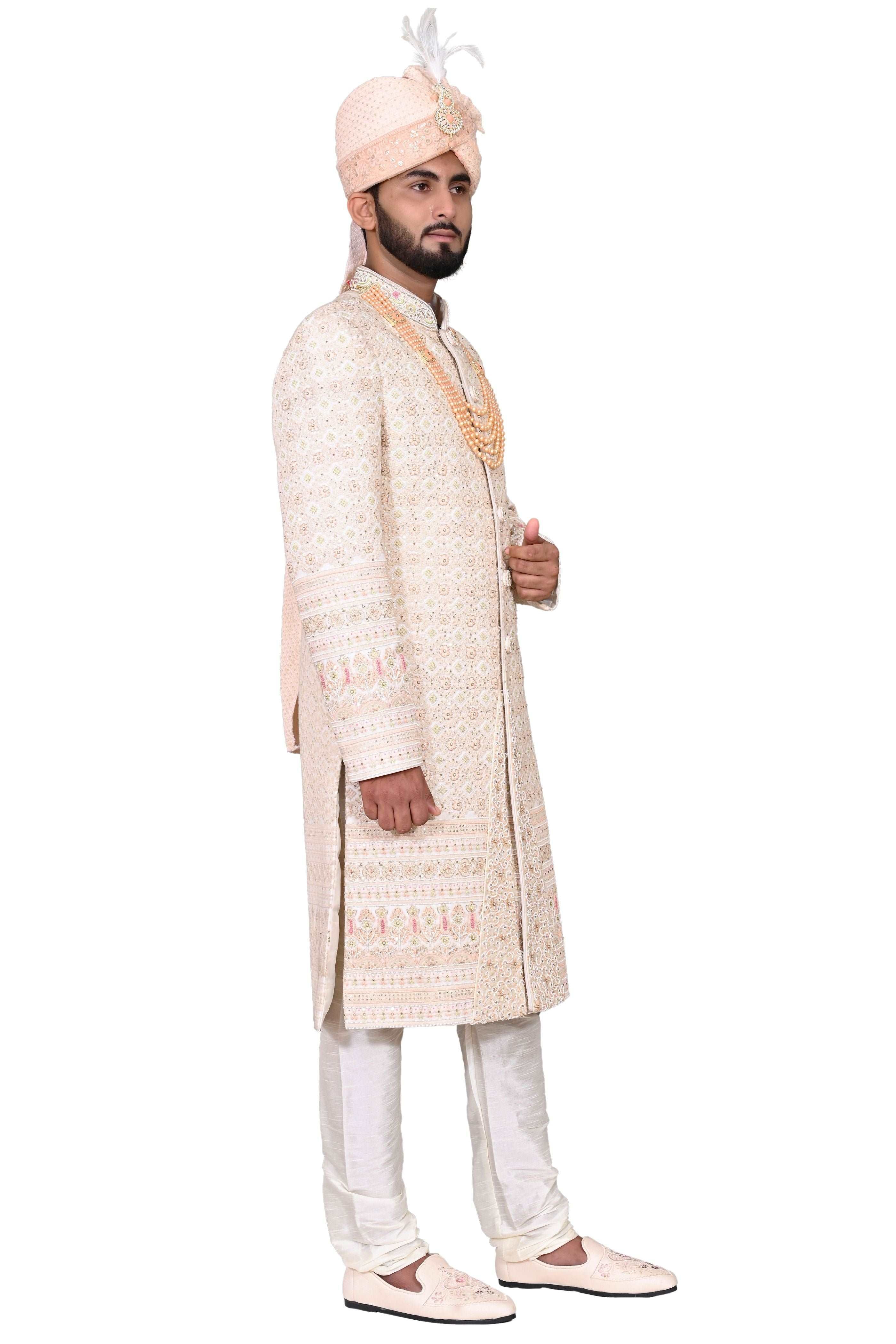 Off White Majestic Embroidered Men's Handwork Sherwani With Churidar Pyjama Set