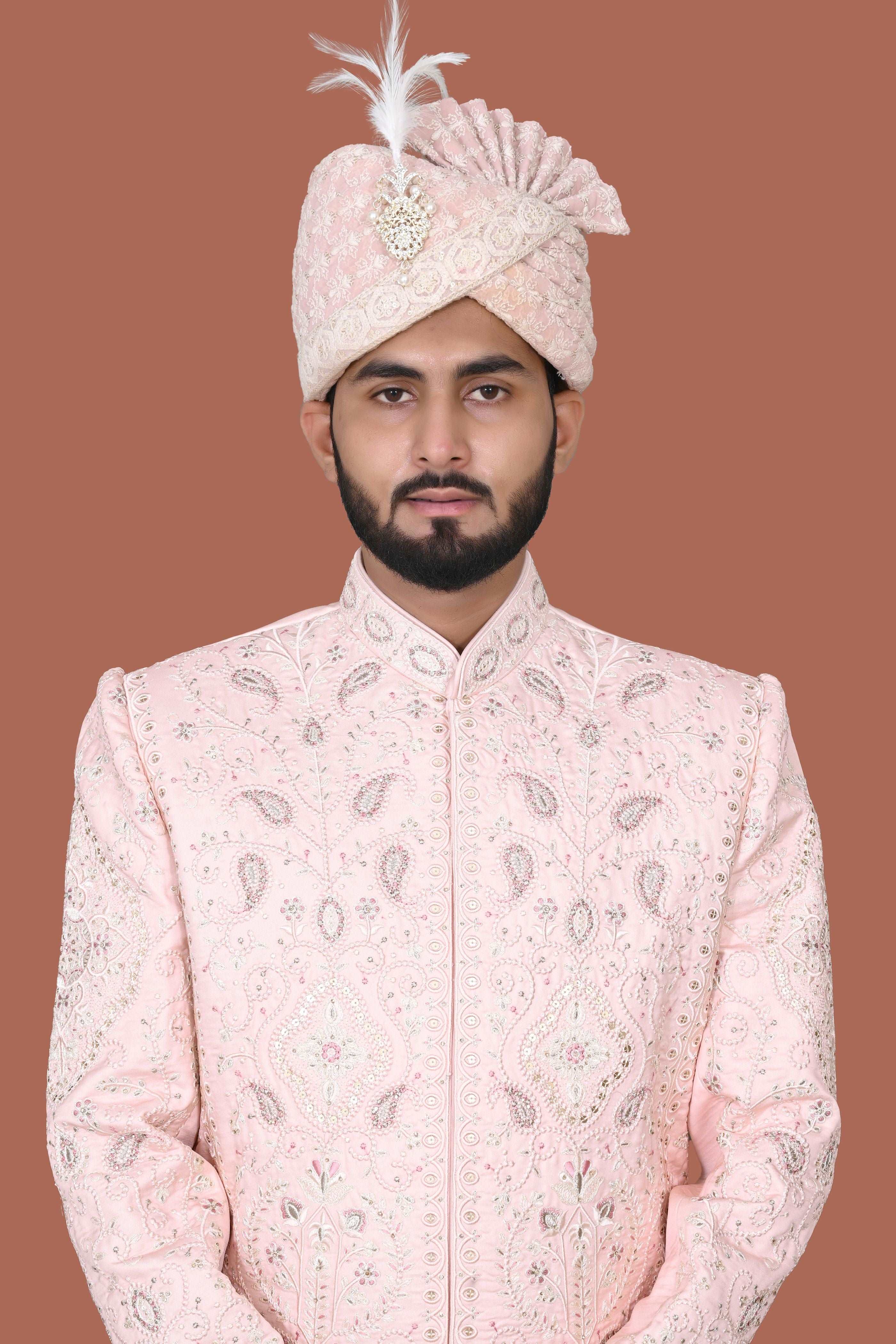 Light Pink Sherwani With Handwork And Zari Embroidery