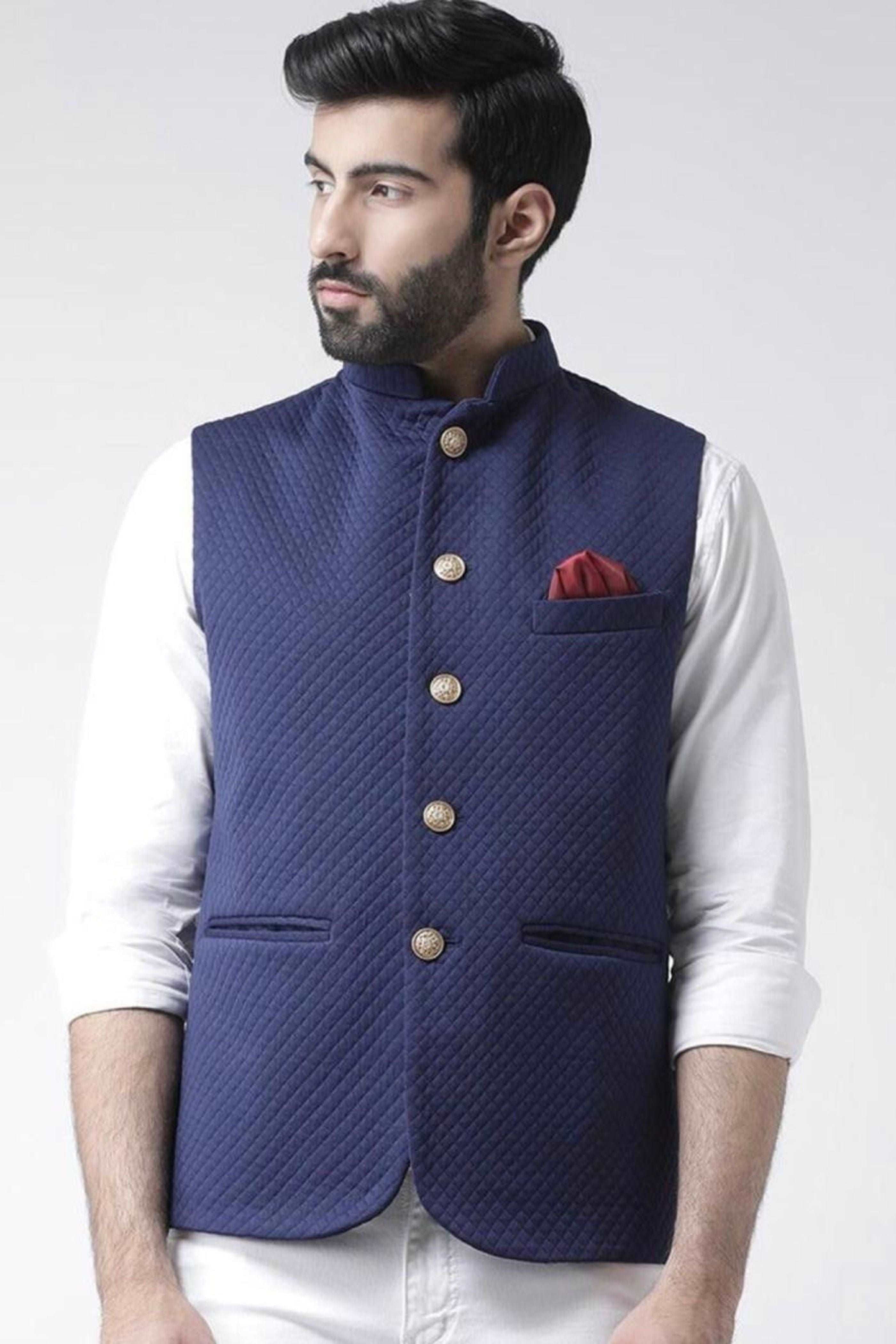 Quilted Blue Nehru Jacket For Men