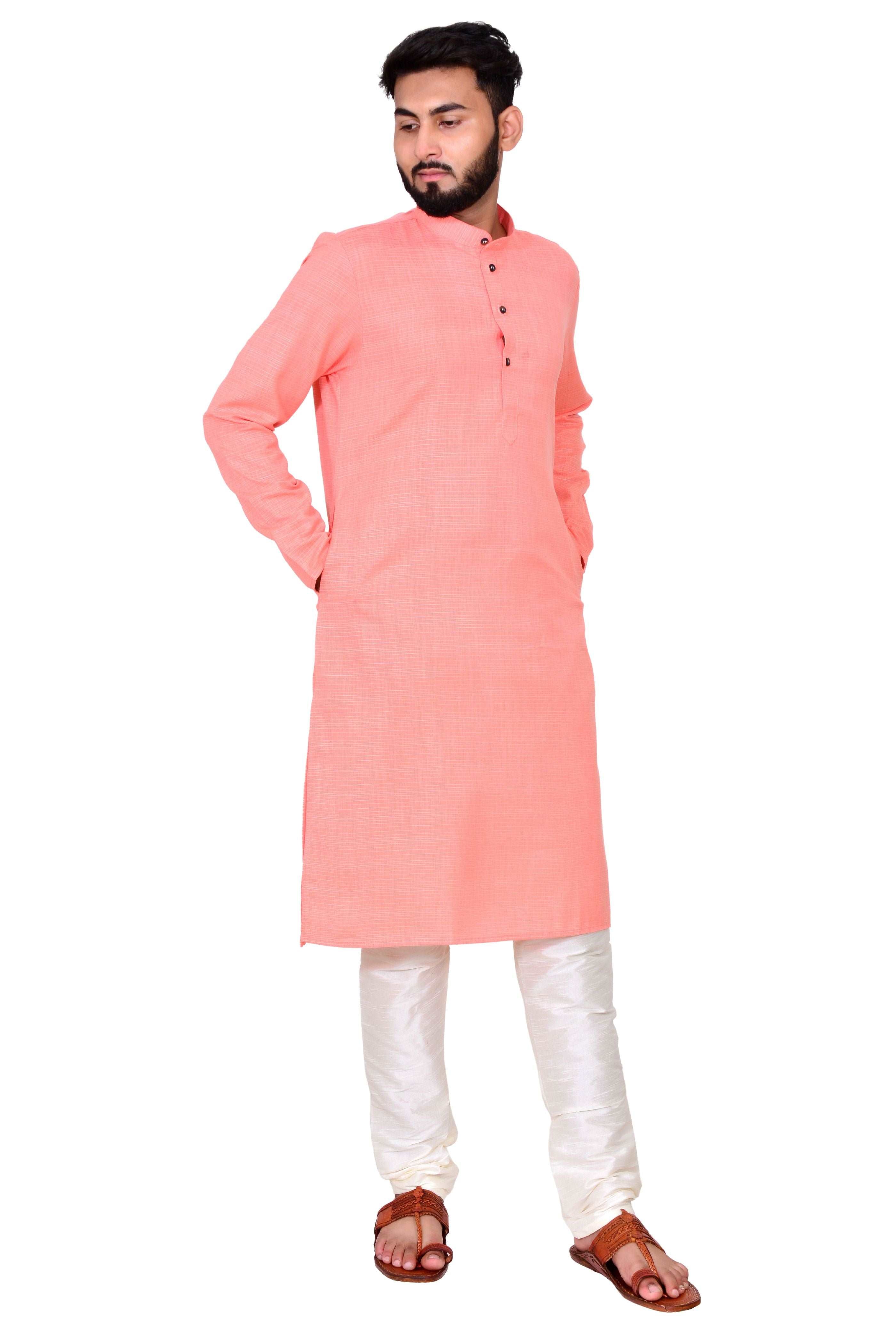 Plain Self Print Lenin Kurta Beige White Bottom