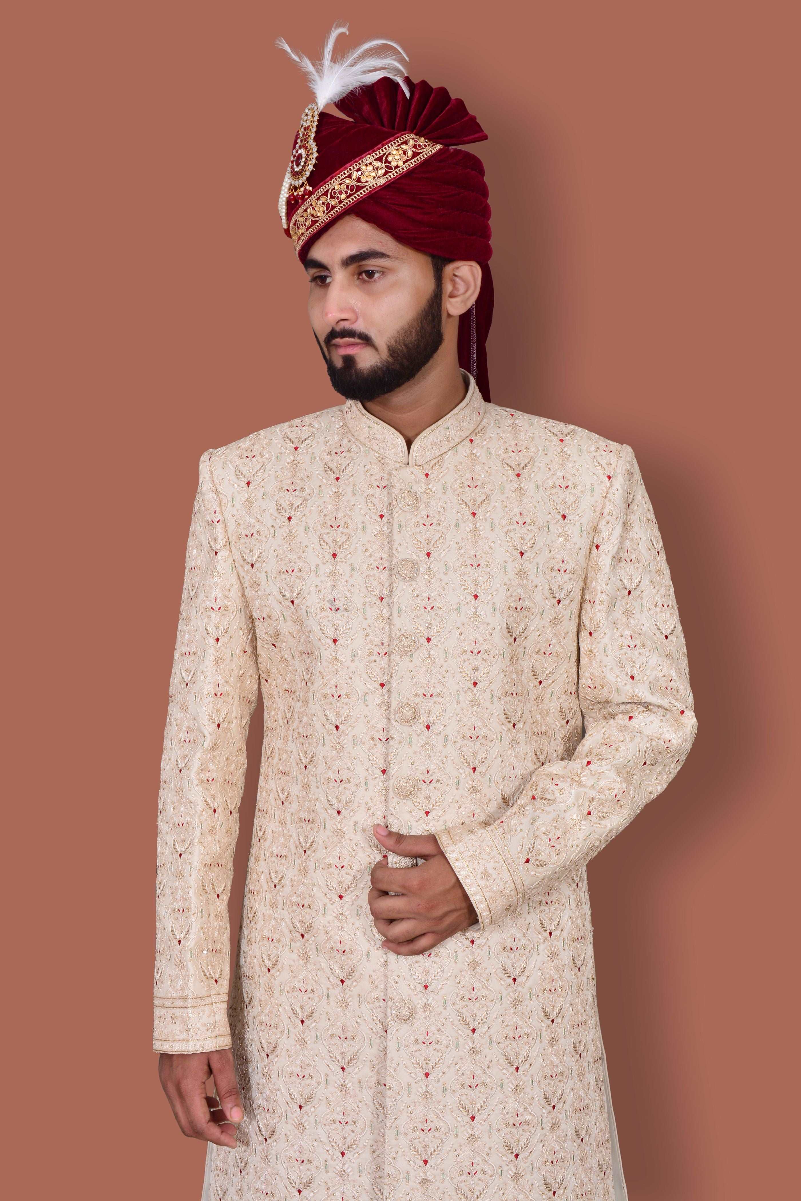 Cream Men's Handwork Sherwani With Churidar Pyjama Set