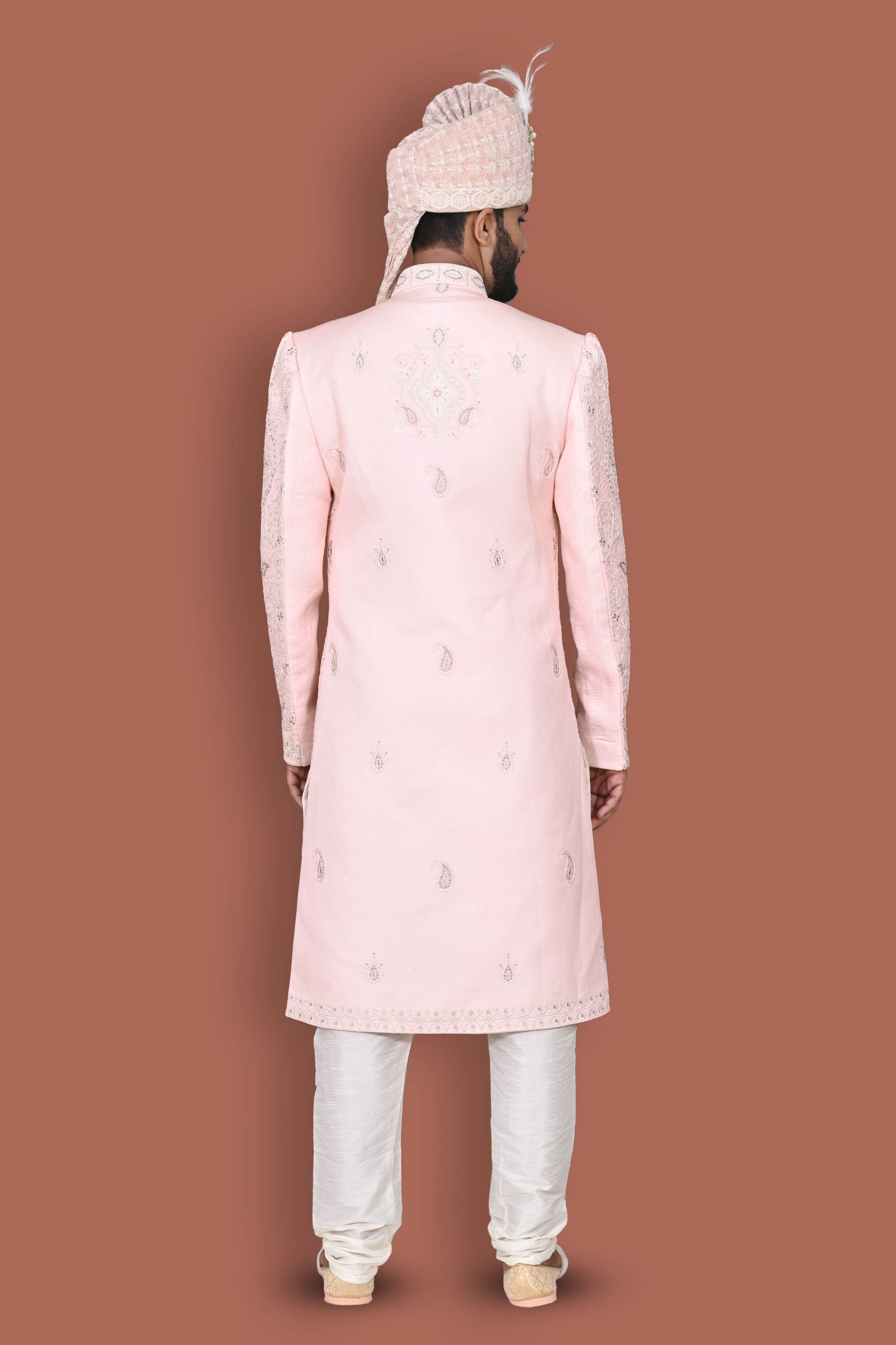 Light Pink Sherwani With Handwork And Zari Embroidery