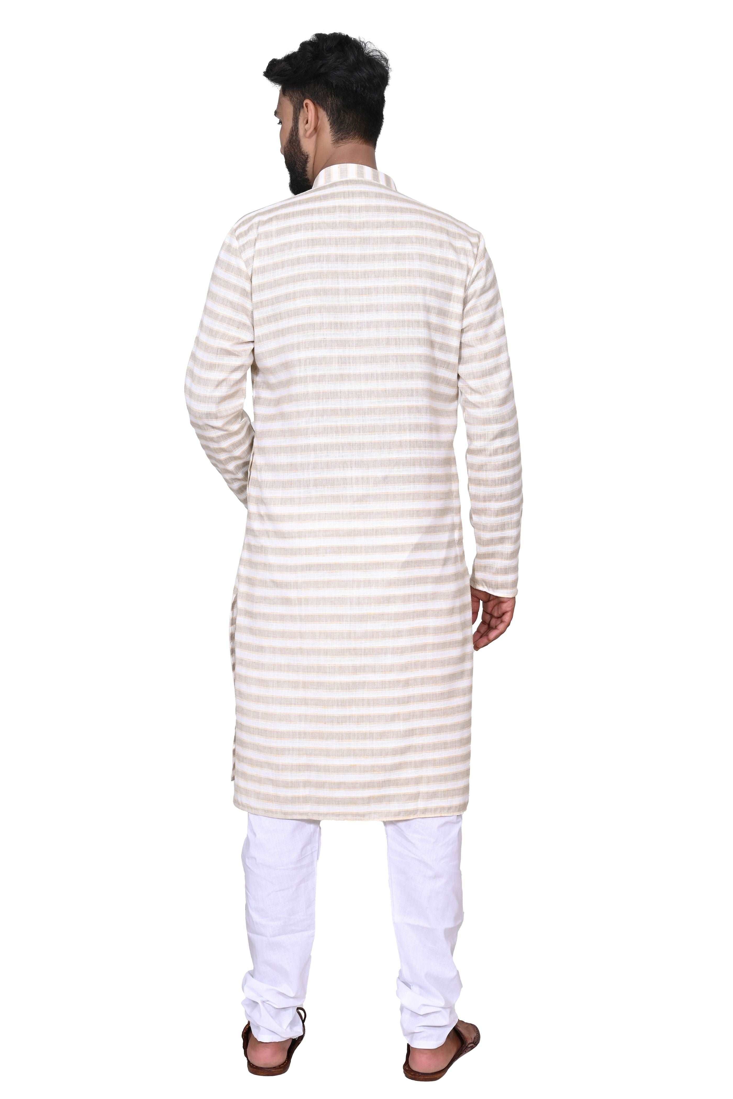 Men's Cotton Linen Kurta & White Churidar Pyjama Set