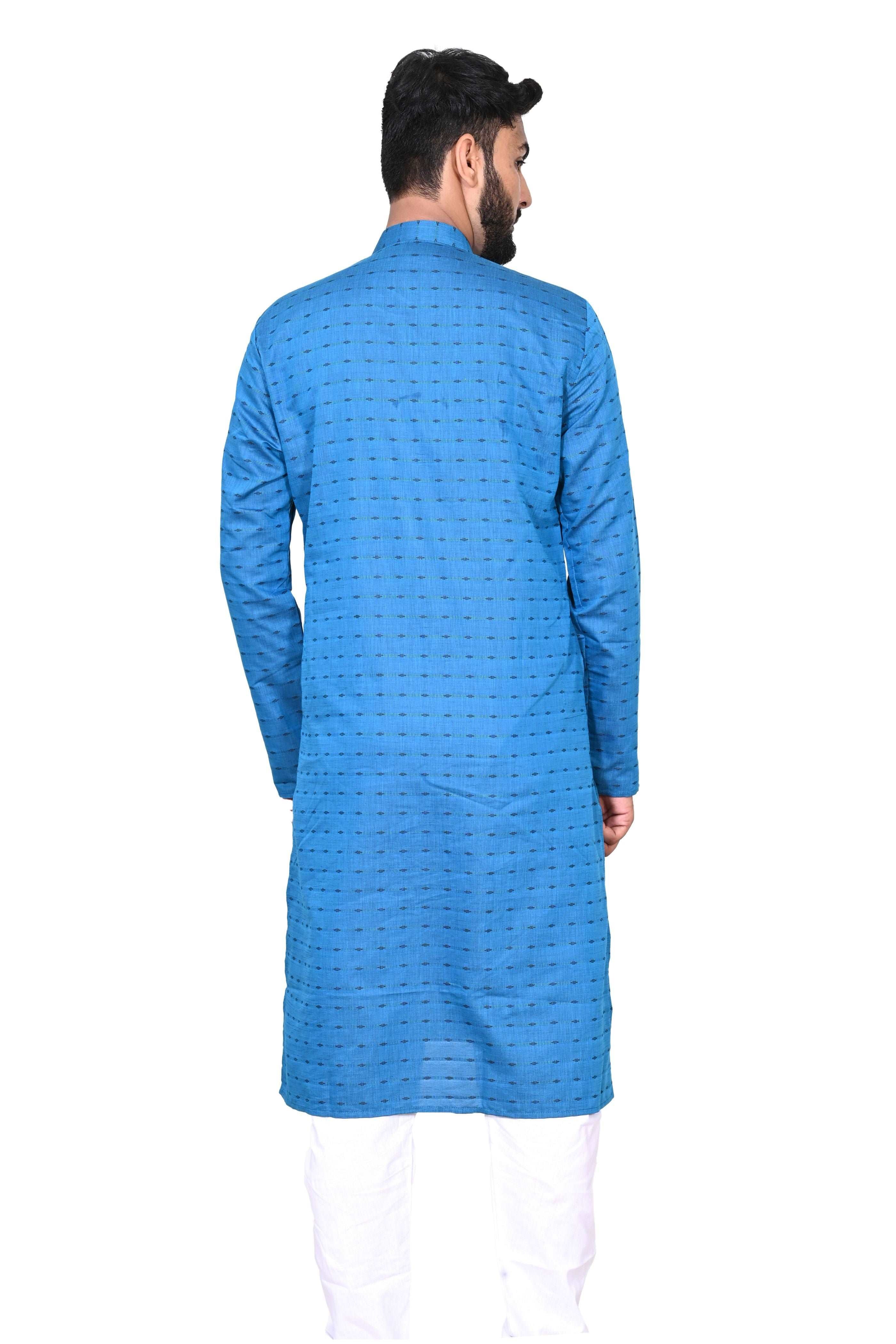 Blue Men's Cotton Linen Kurta & White Churidar Pyjama Set