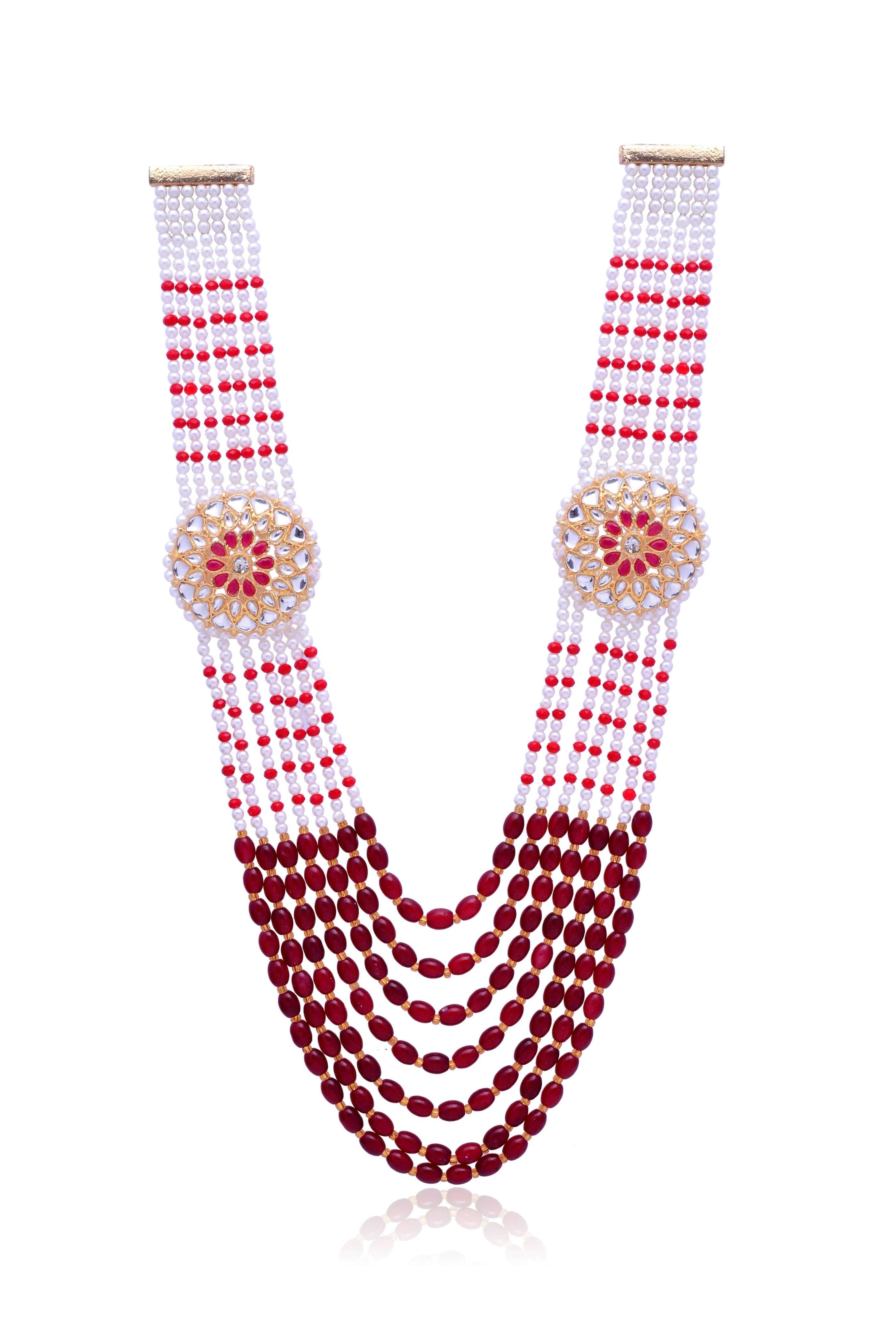 Men's Pearls And Red Mala Necklace For Ethnic Look