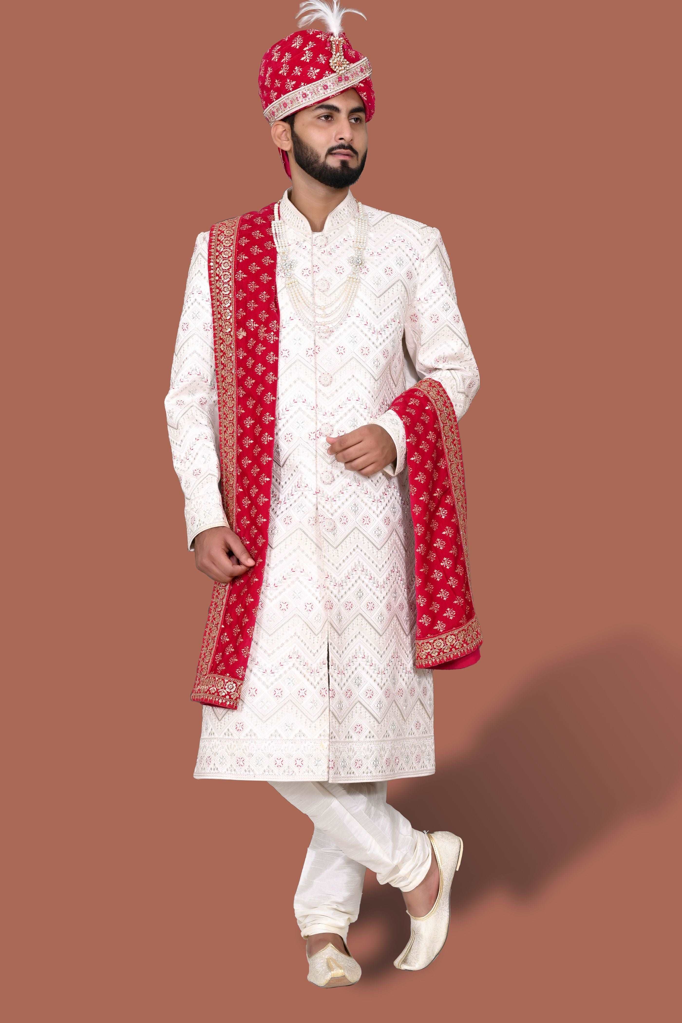 Regal Cream Set With Rani Embroidery Sherwani For Men