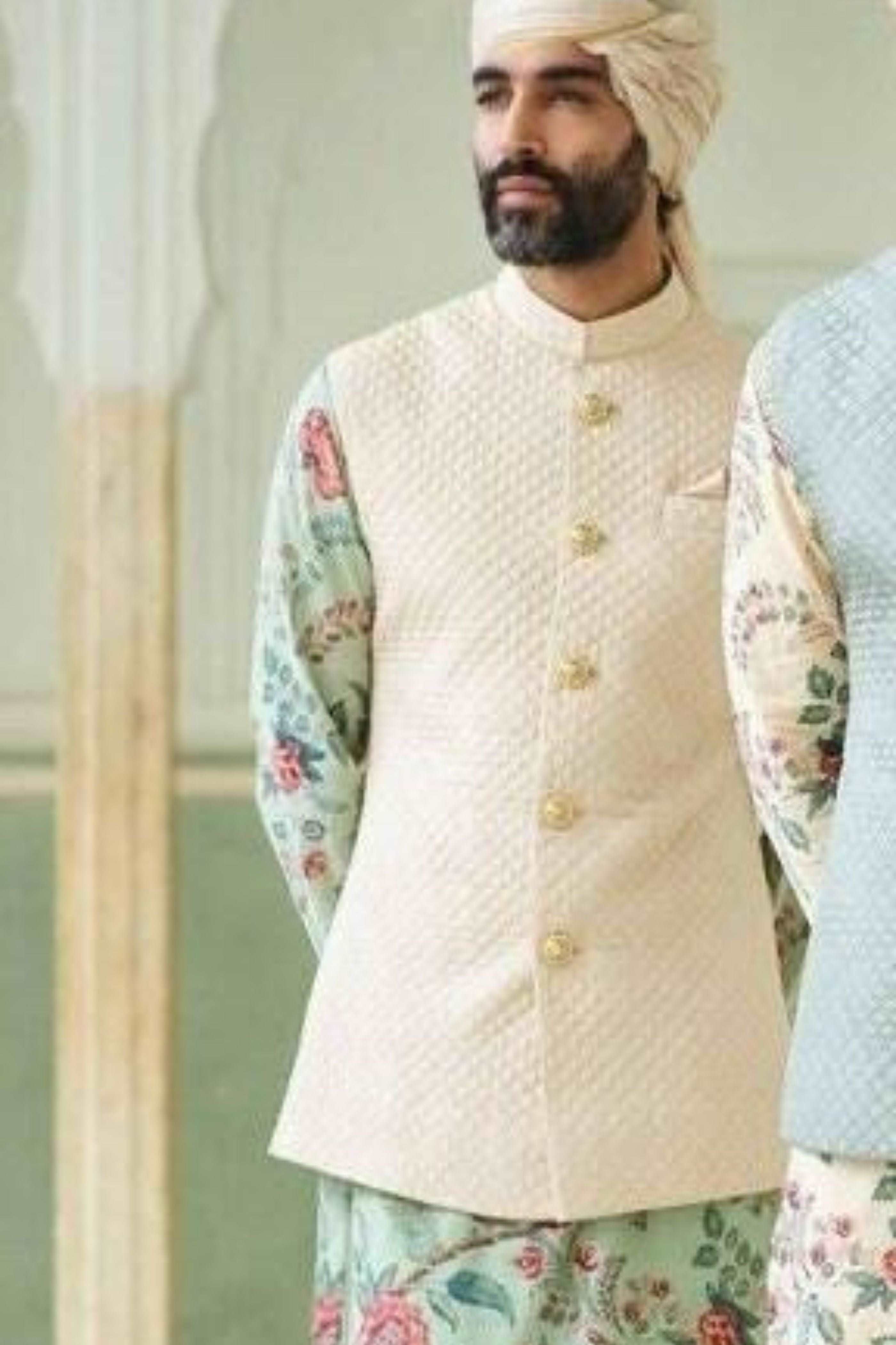 Quilted White Nehru Jacket For Men