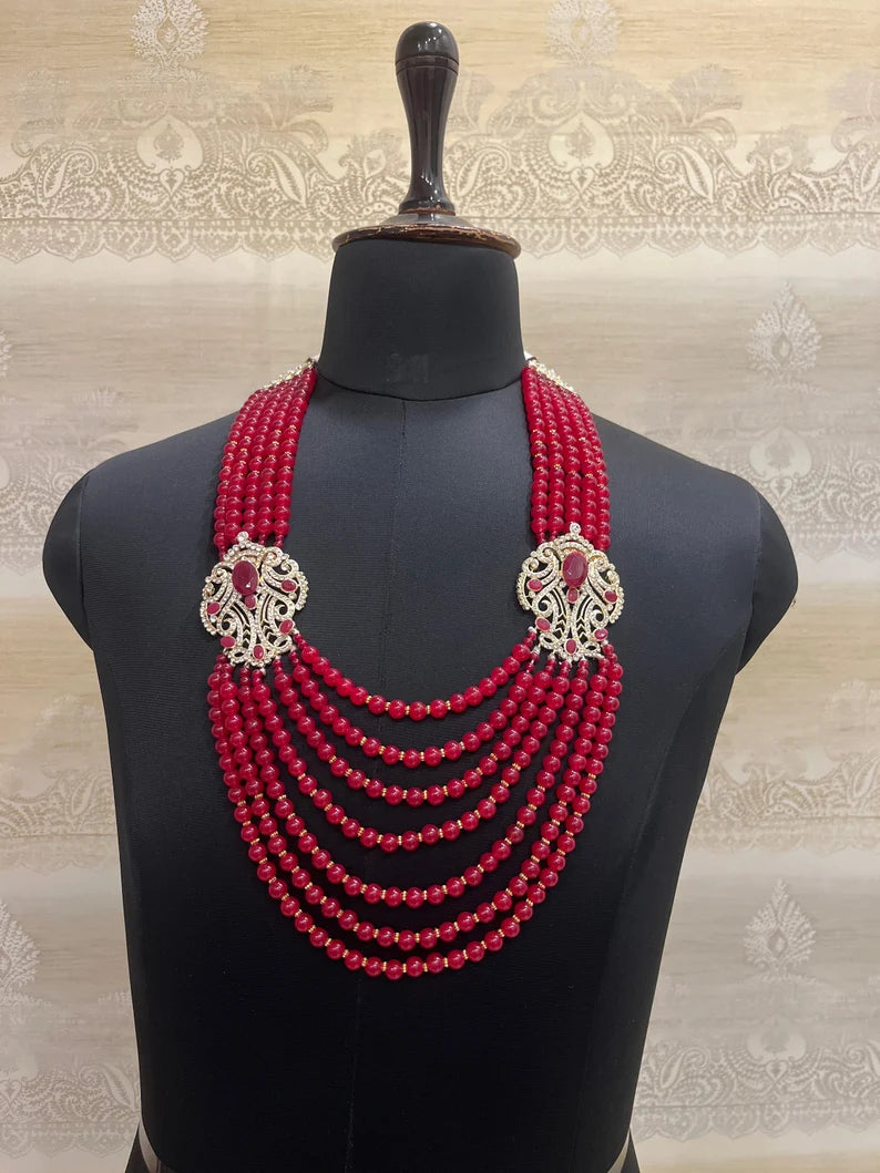 Men's  Red And Golden Broach Mala Necklace For Ethnic Look