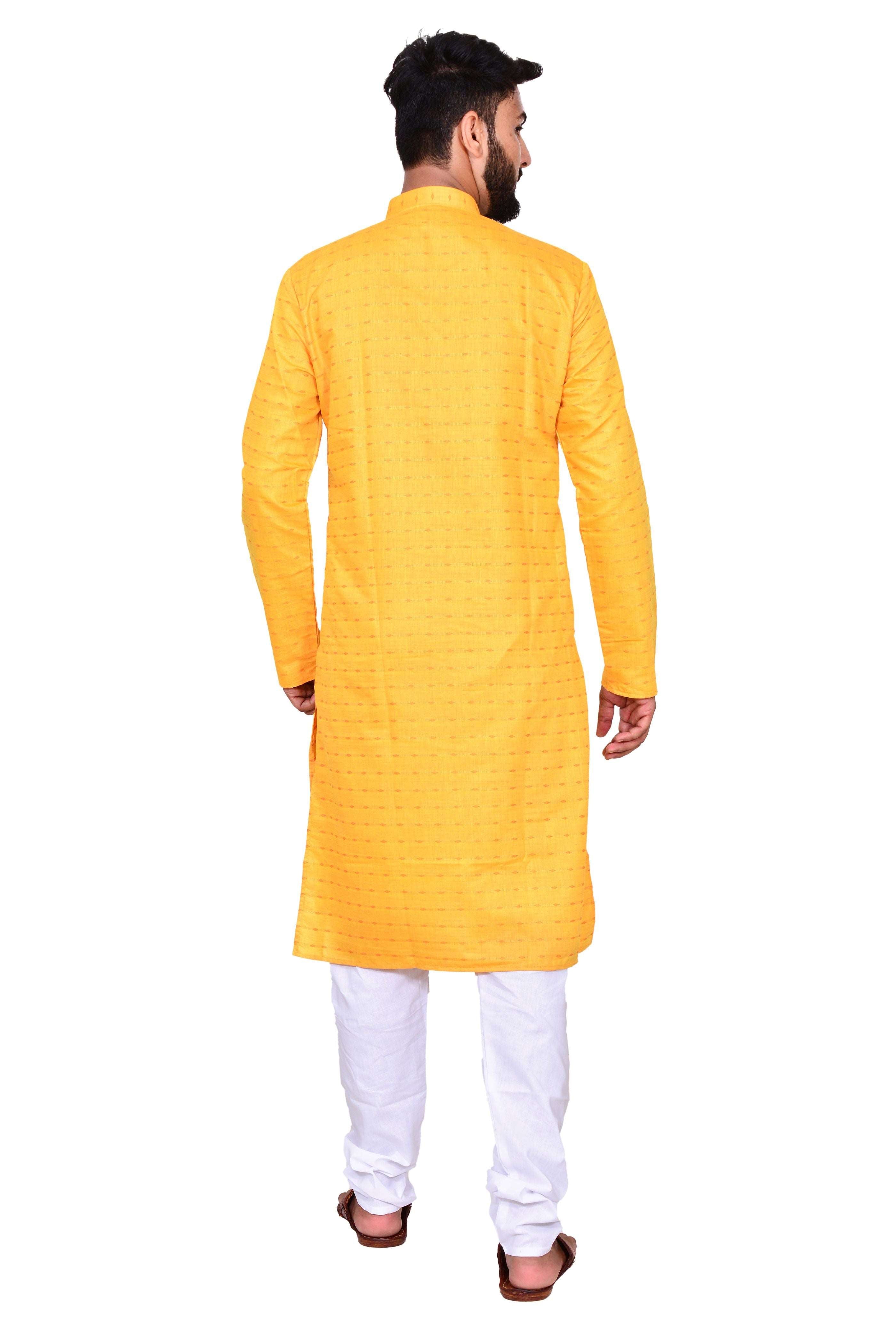 Men's Cotton Linen Kurta & White Churidar Pyjama Set