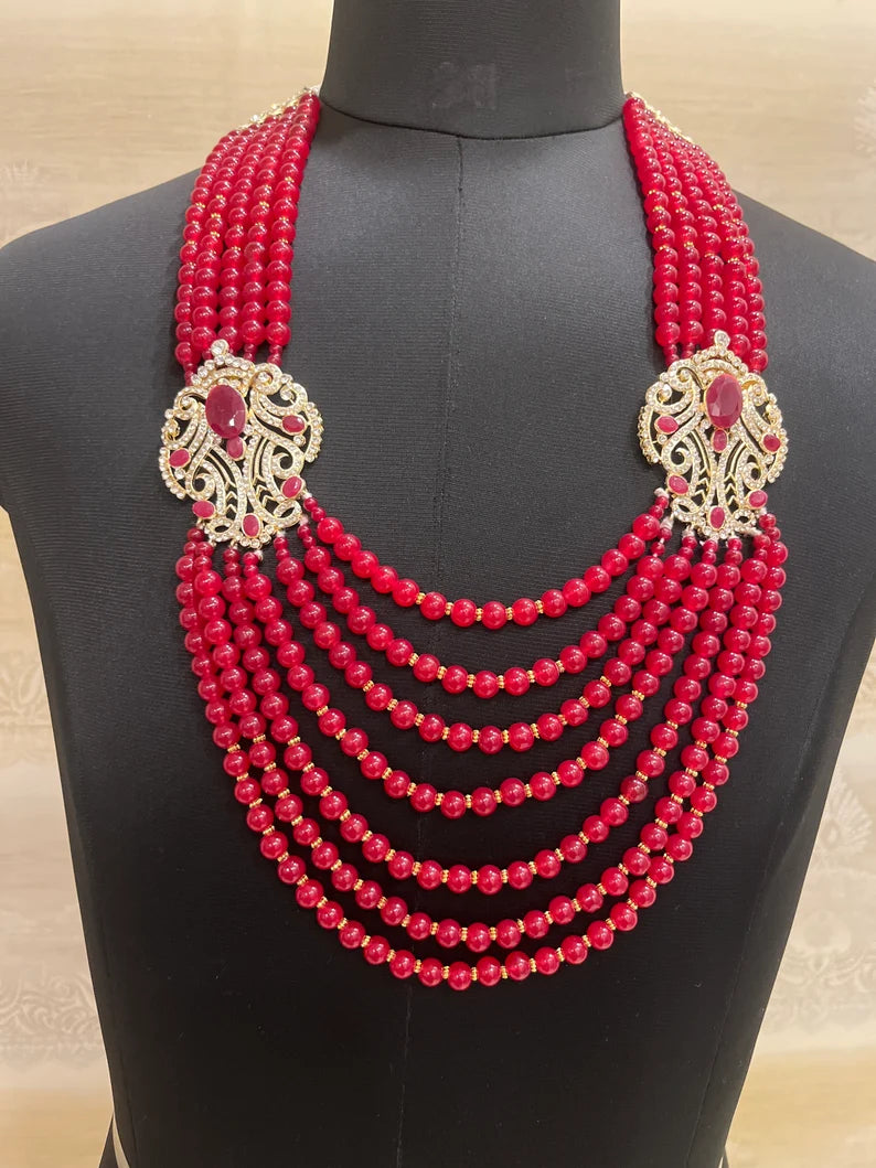 Men's  Red And Golden Broach Mala Necklace For Ethnic Look