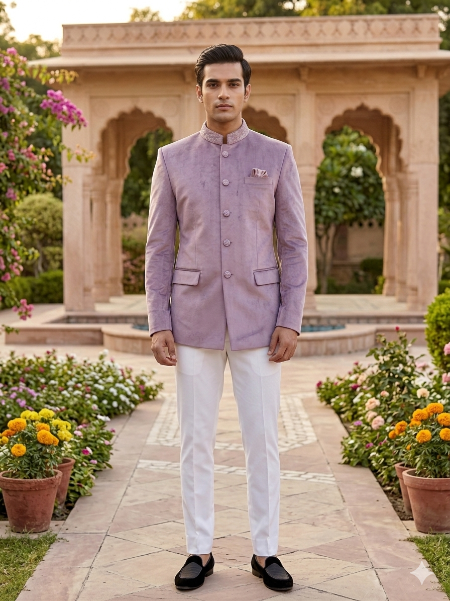 Handmade Lavender Suede Jodhpuri Suit for Men | Luxury Wedding Bandgala Jacket | Designer Indo-Western Groom Wear | Bespoke Lavender Blazer