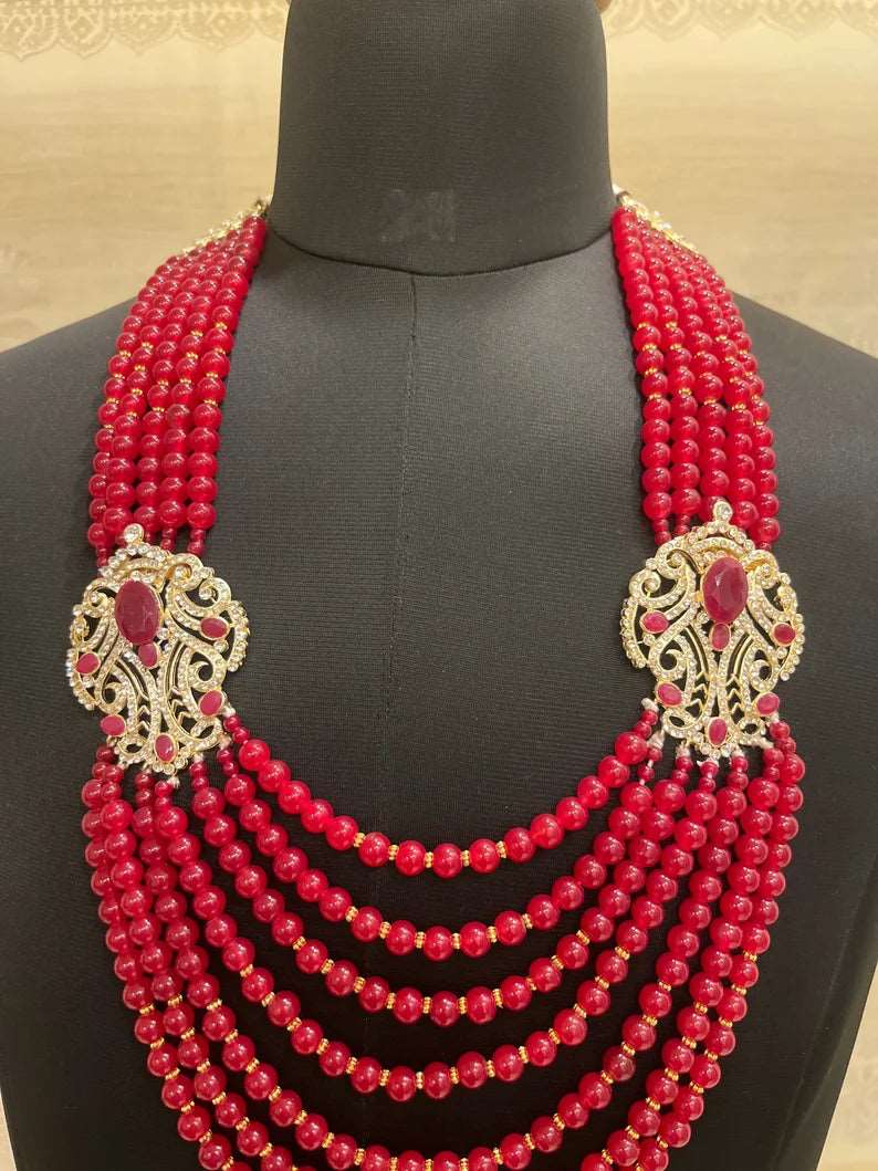 Men's  Red And Golden Broach Mala Necklace For Ethnic Look