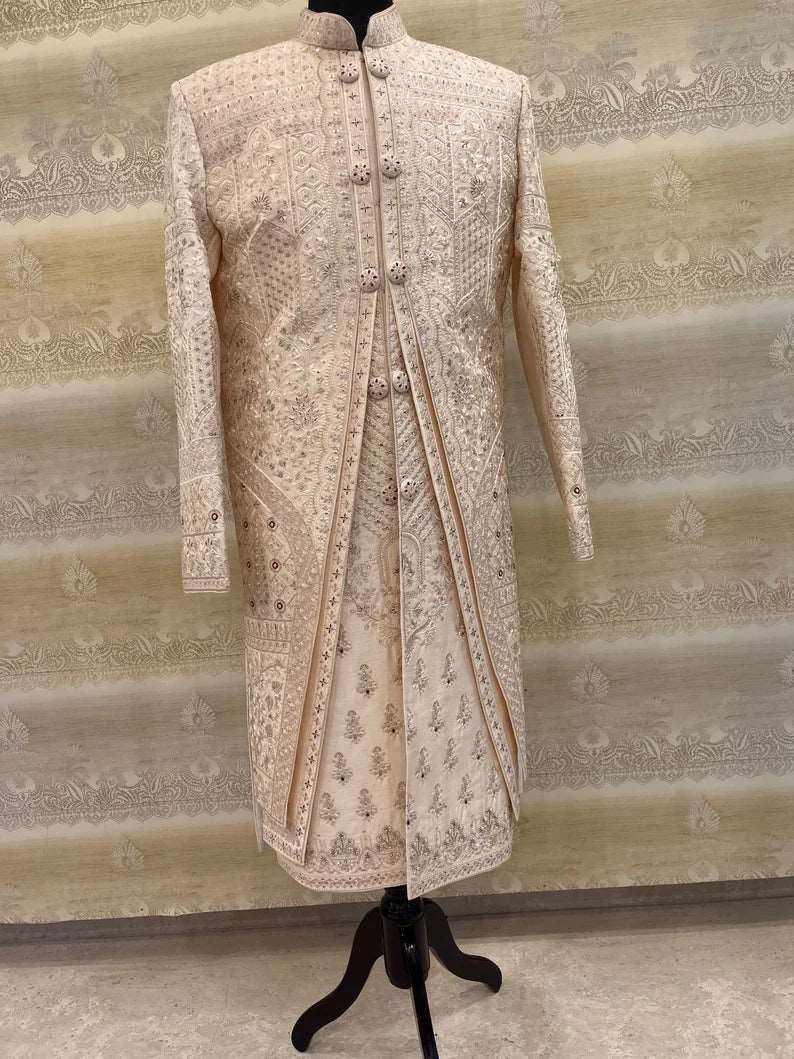 Light Rose Gold Pink Sherwani With Handwork And Zari Embroidery