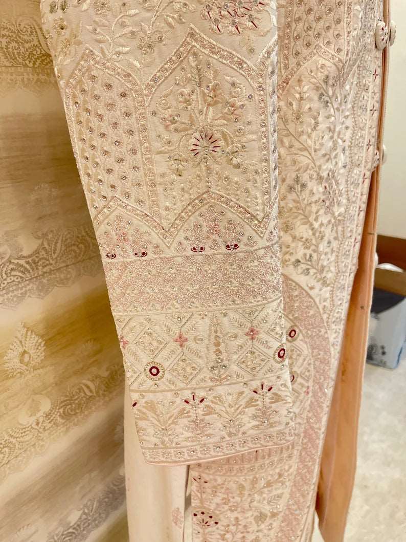 Light Rose Gold Pink Sherwani With Handwork And Zari Embroidery