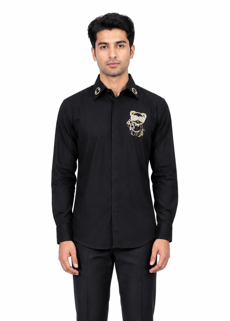 Jet Black Designer Shirt for Men | Lachka Fabric | Tubelight Bead Starburst Motif | Party, Sangeet, Cocktail & Wedding Guest Shirt | RichArt