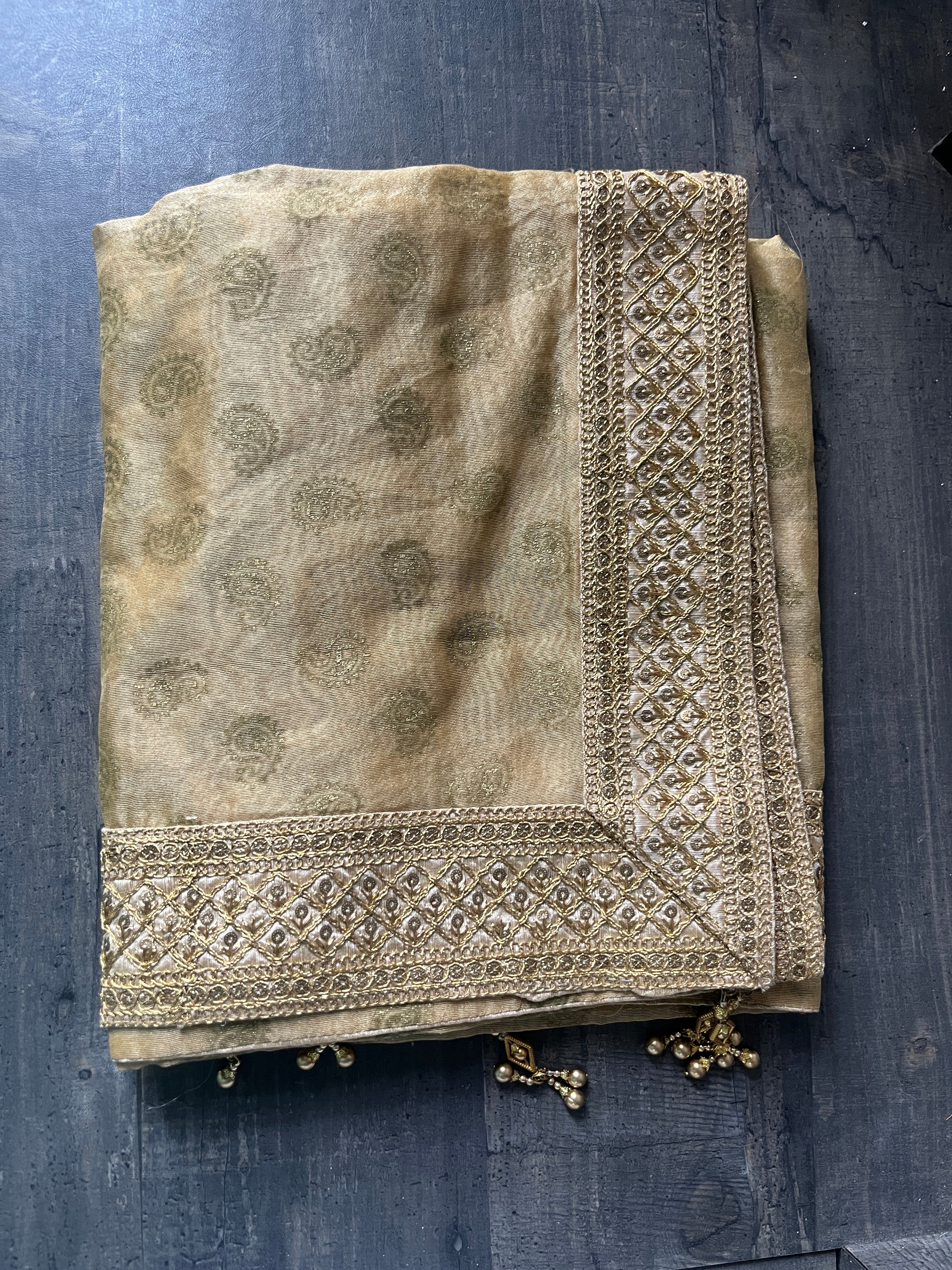 Golden beige Fabric Stole with golden motifs and handcrafted border unisex stole