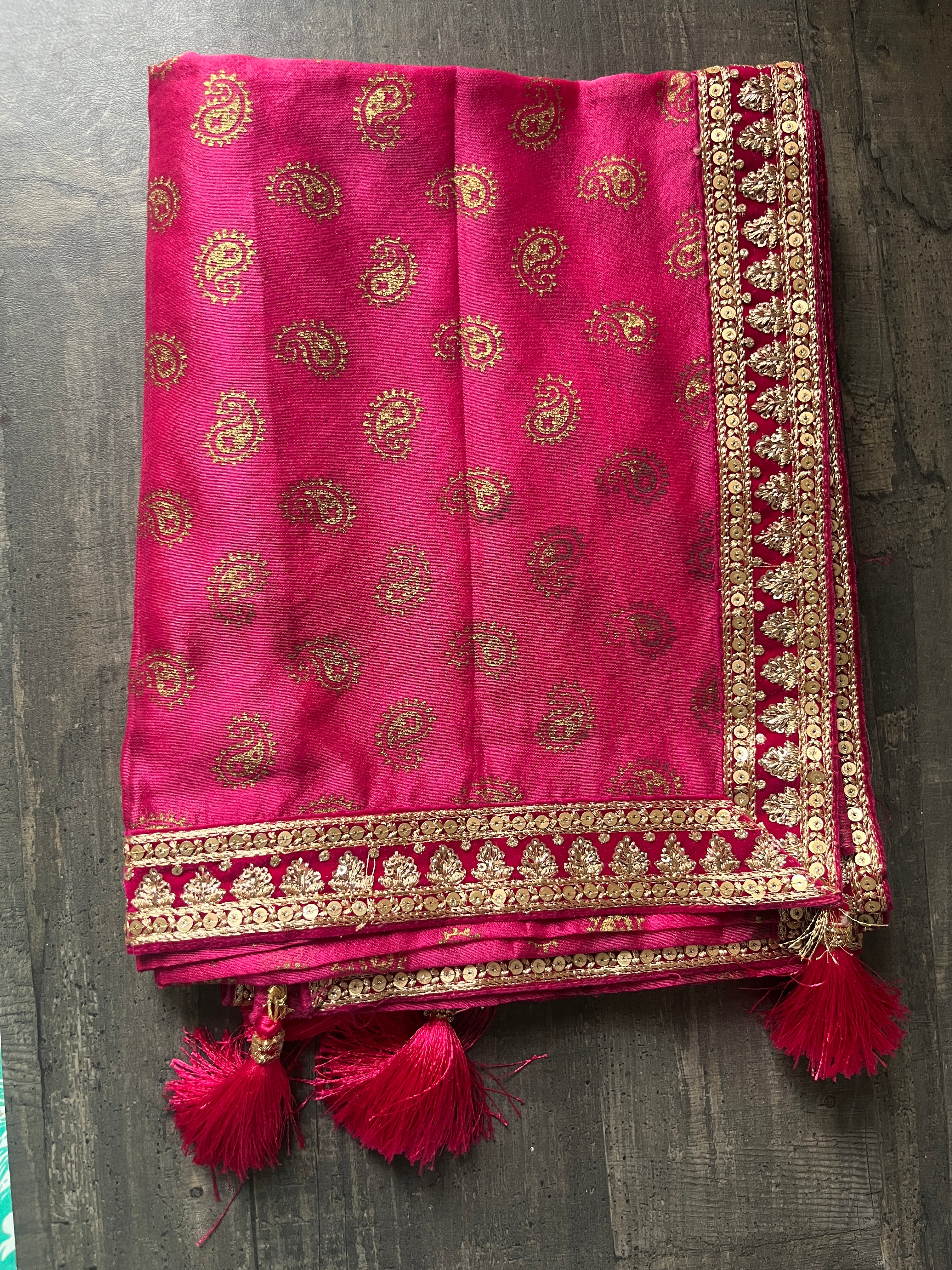 Pink silk golden motif with handcrafted border Stole For unisex male and female