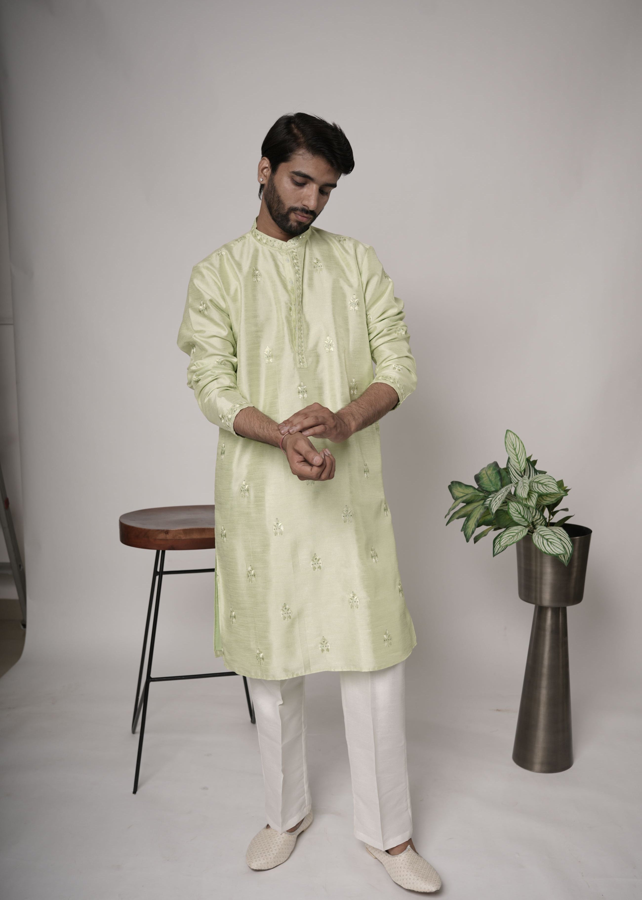 Light Green Sequence Handwork Thread Mens Kurta & Pants Set