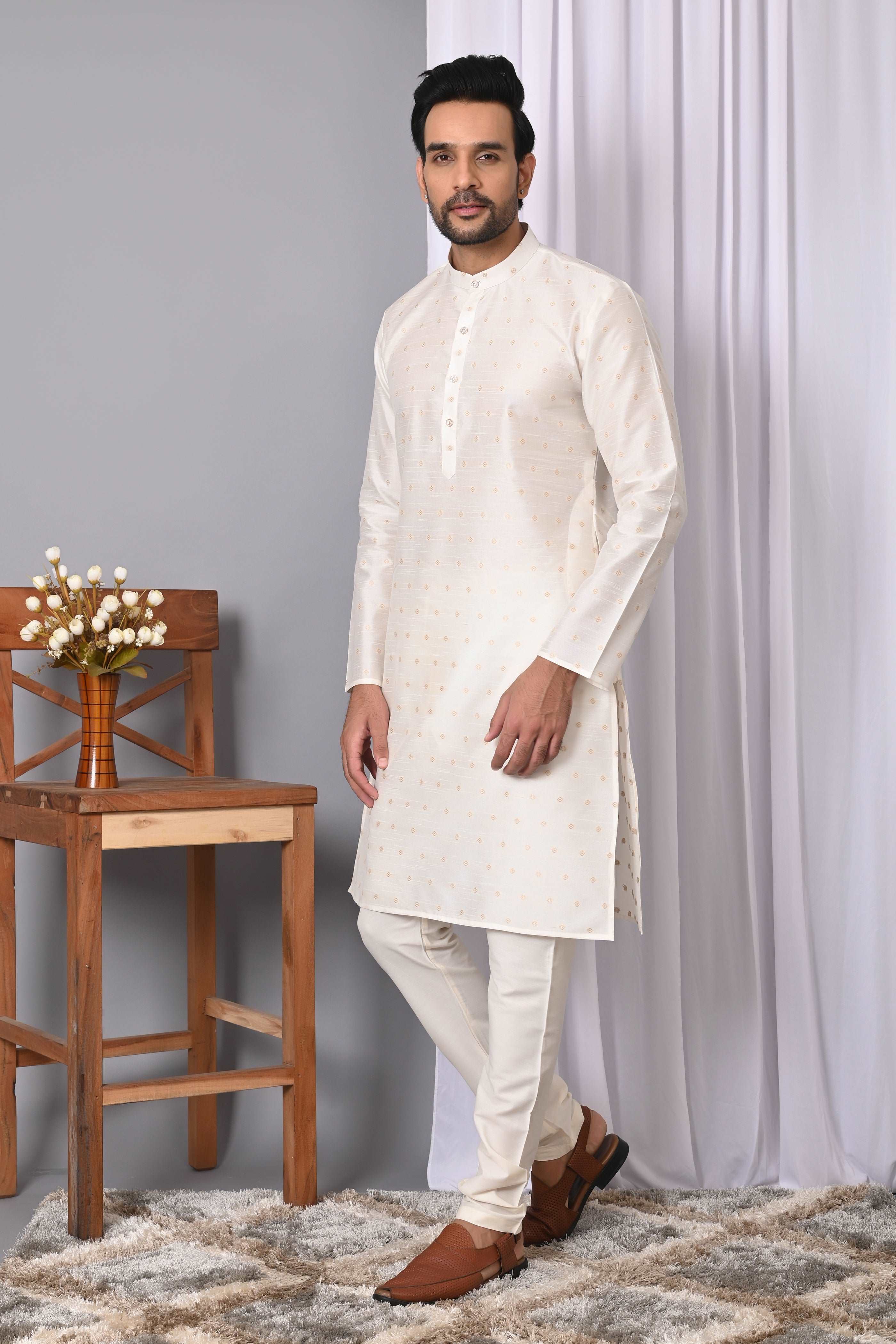 Mens White Jacquard Silk kurta pyjama ethnic traditional wear Indian party suit kurta men