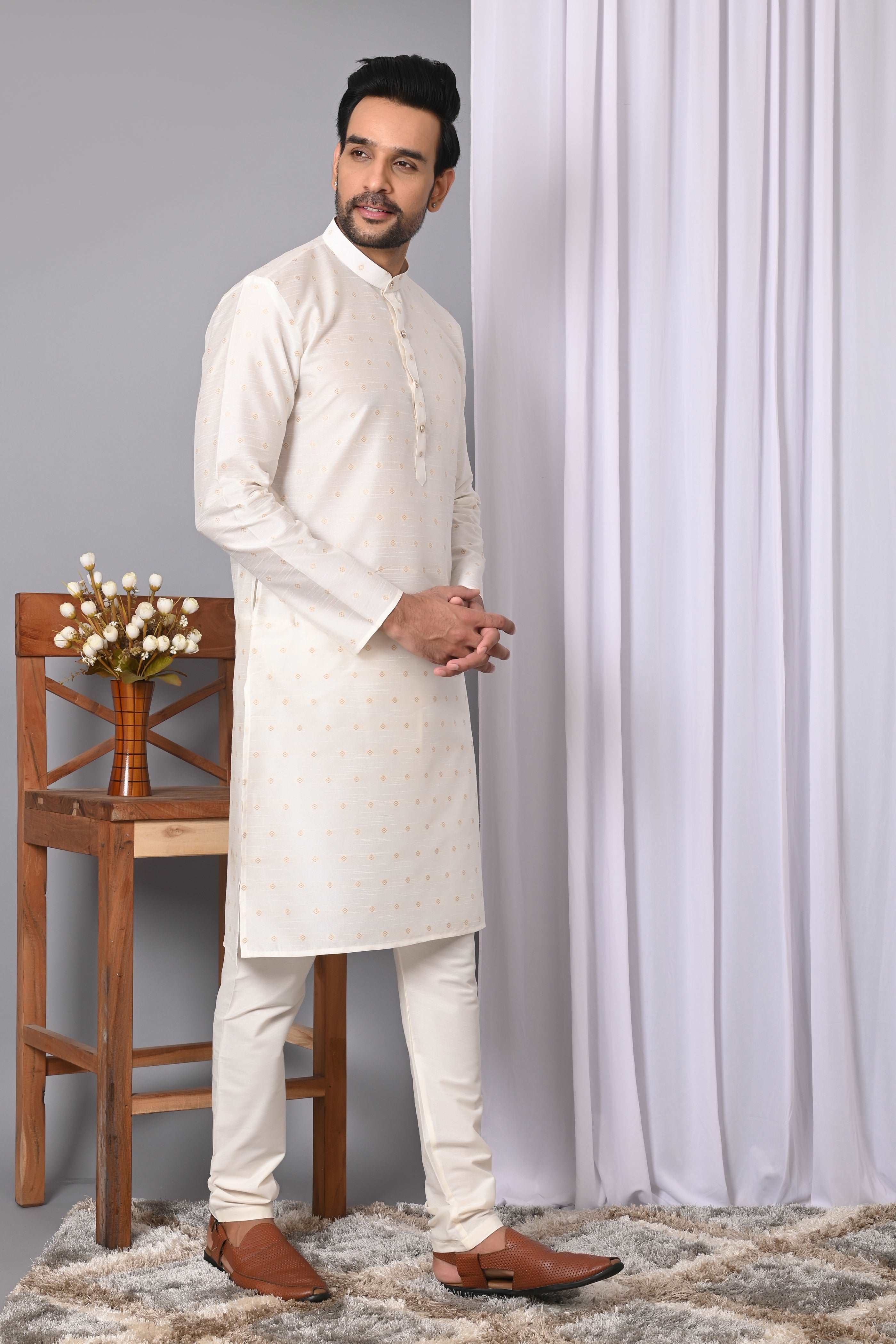 Mens White Jacquard Silk kurta pyjama ethnic traditional wear Indian party suit kurta men