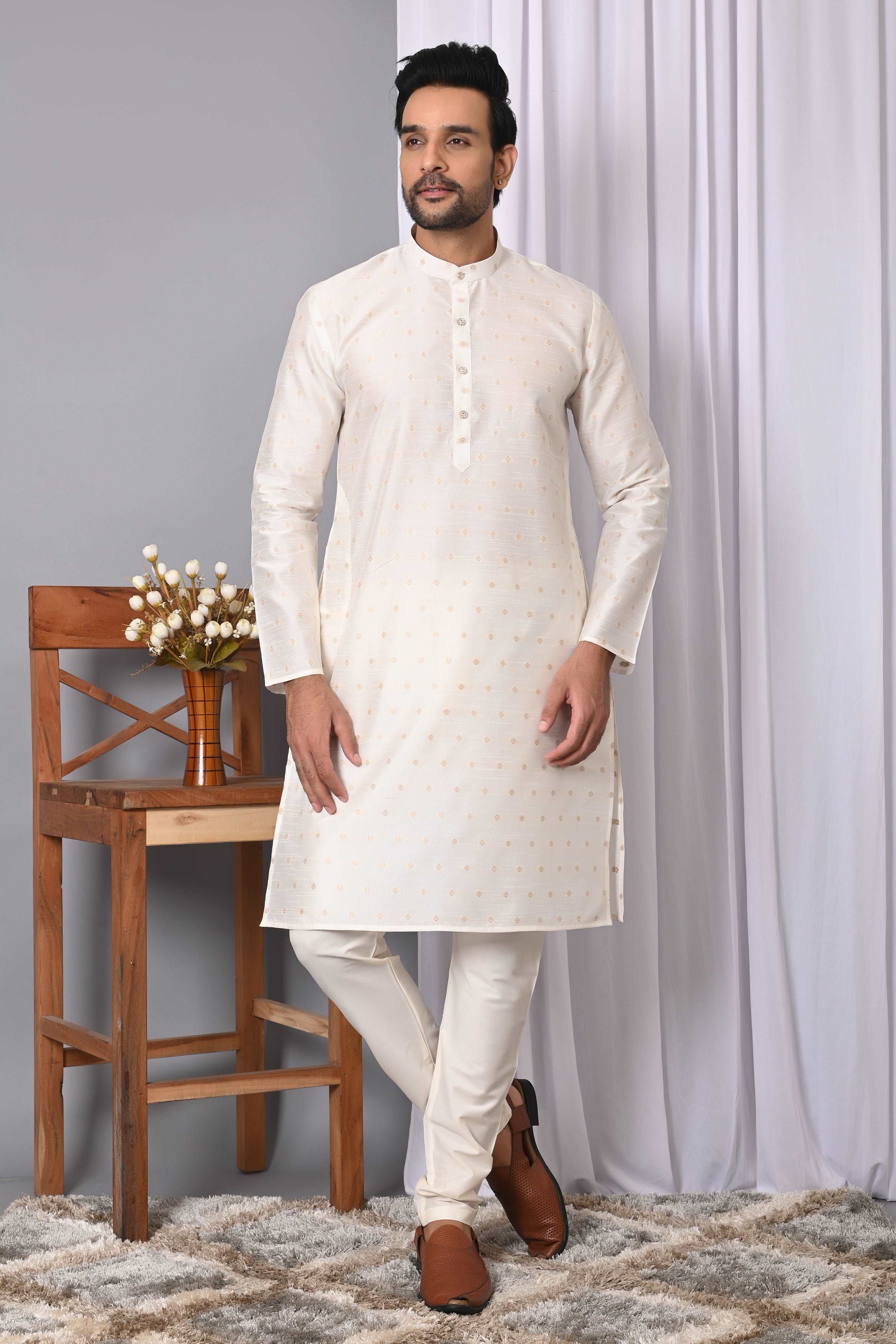 Mens White Jacquard Silk kurta pyjama ethnic traditional wear Indian party suit kurta men