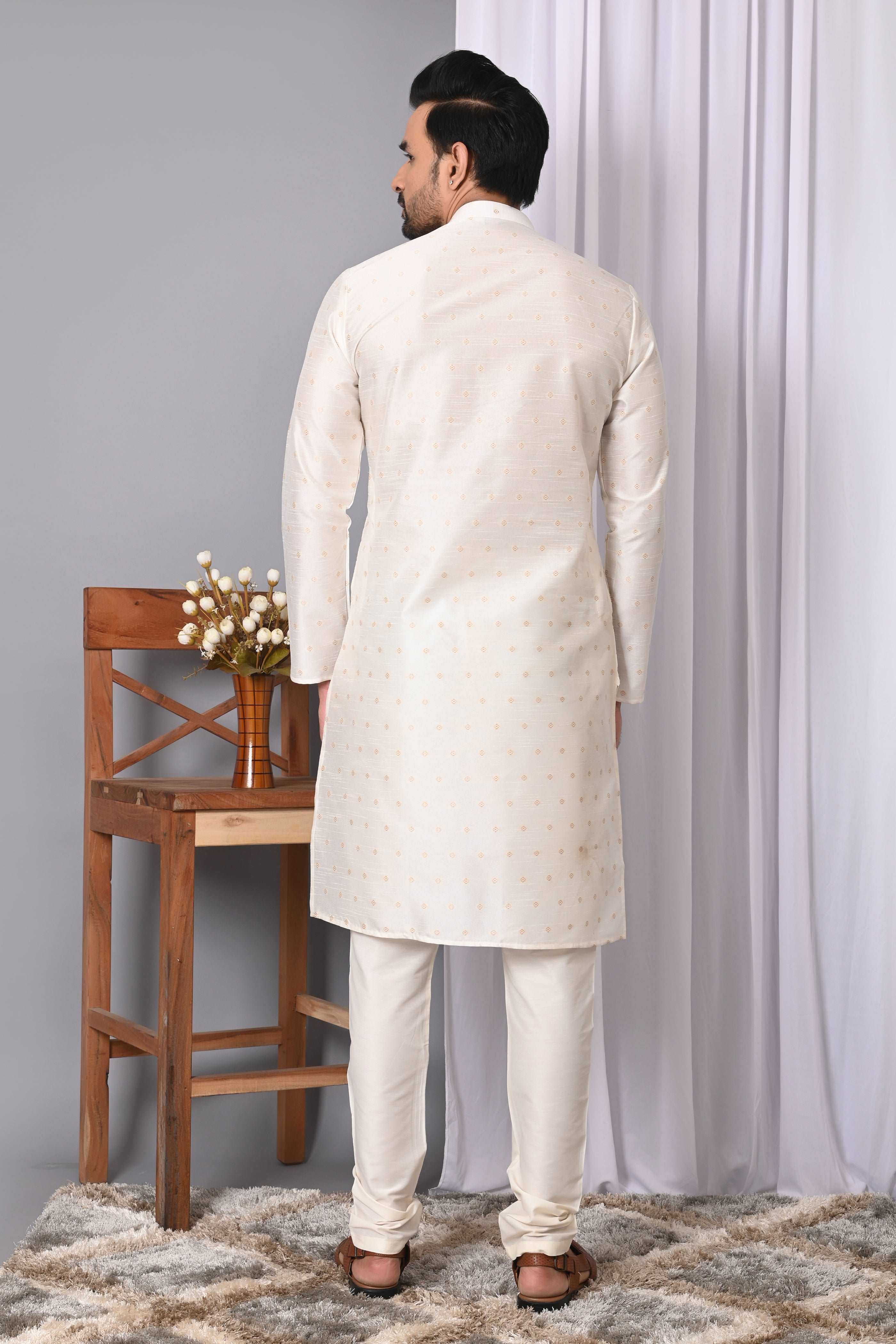 Mens White Jacquard Silk kurta pyjama ethnic traditional wear Indian party suit kurta men