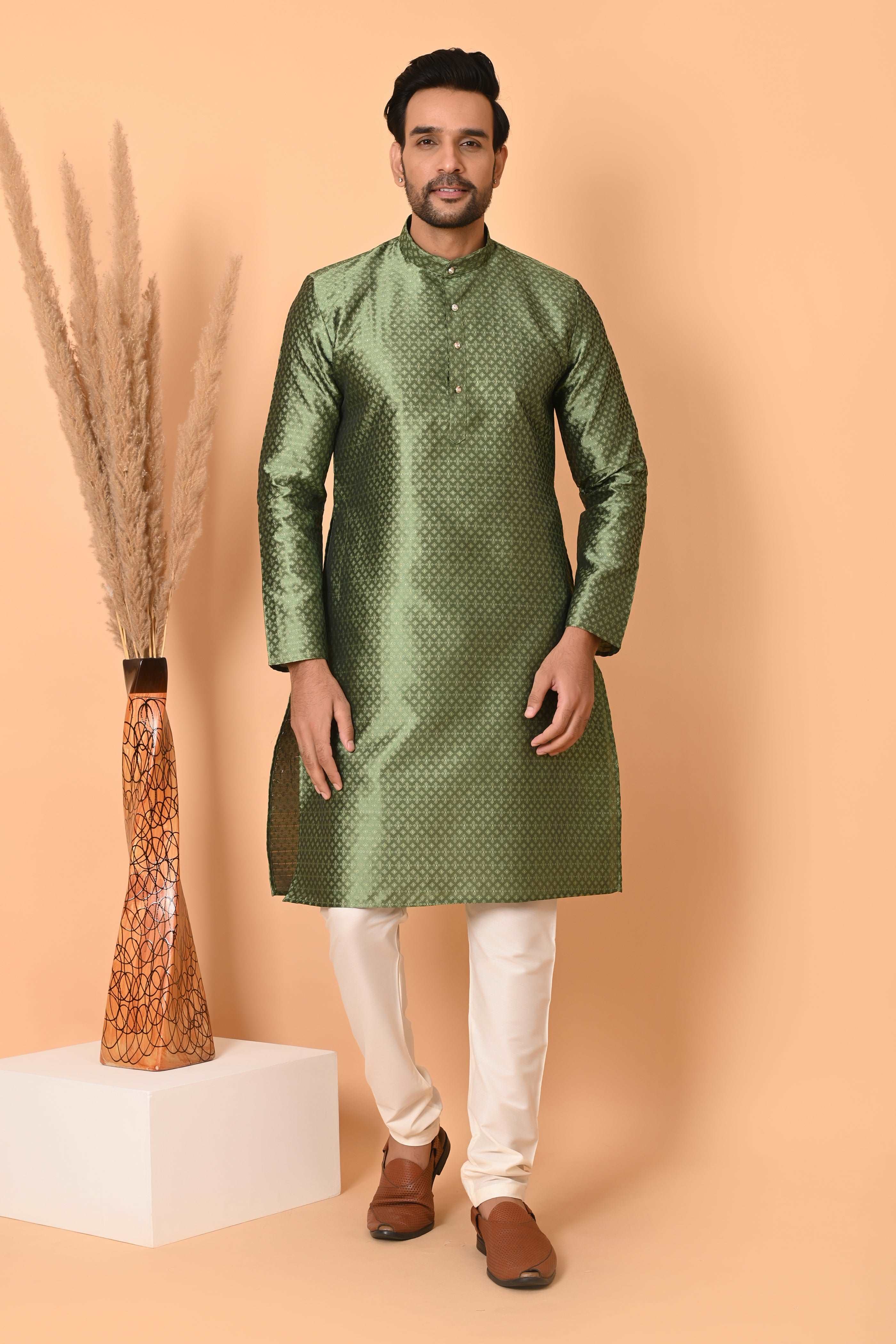 Mens Green Jacquard Silk kurta pyjama  Indian party suit kurta men