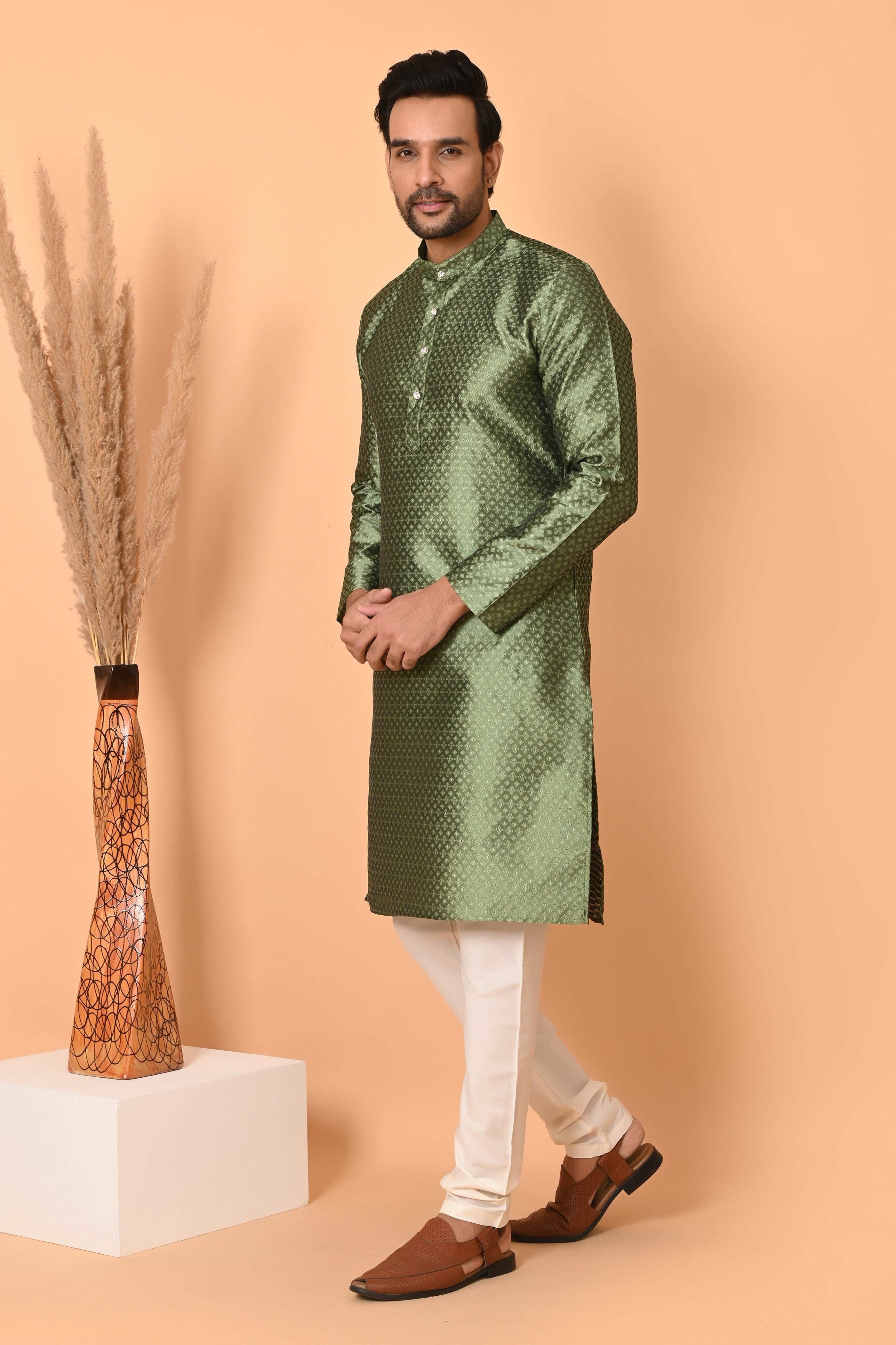 Mens Green Jacquard Silk kurta pyjama  Indian party suit kurta men