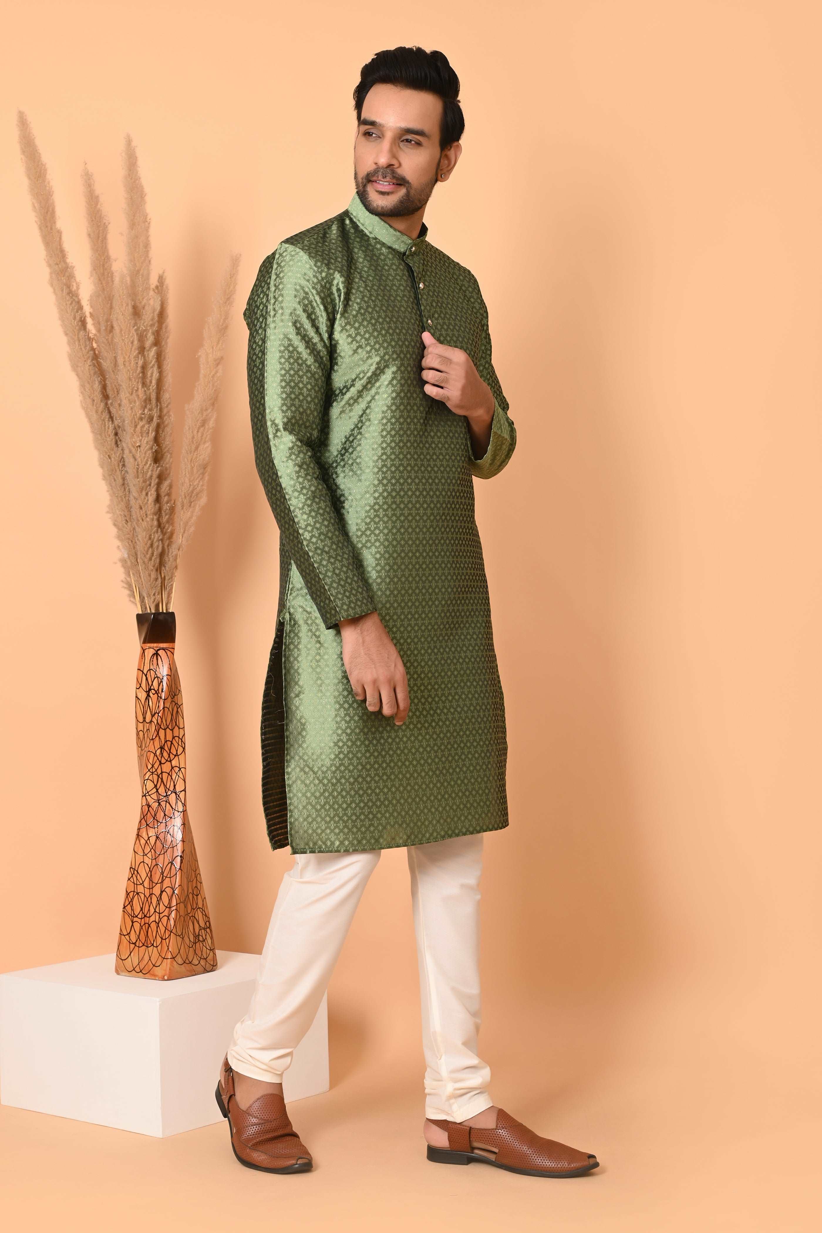 Mens Green Jacquard Silk kurta pyjama  Indian party suit kurta men