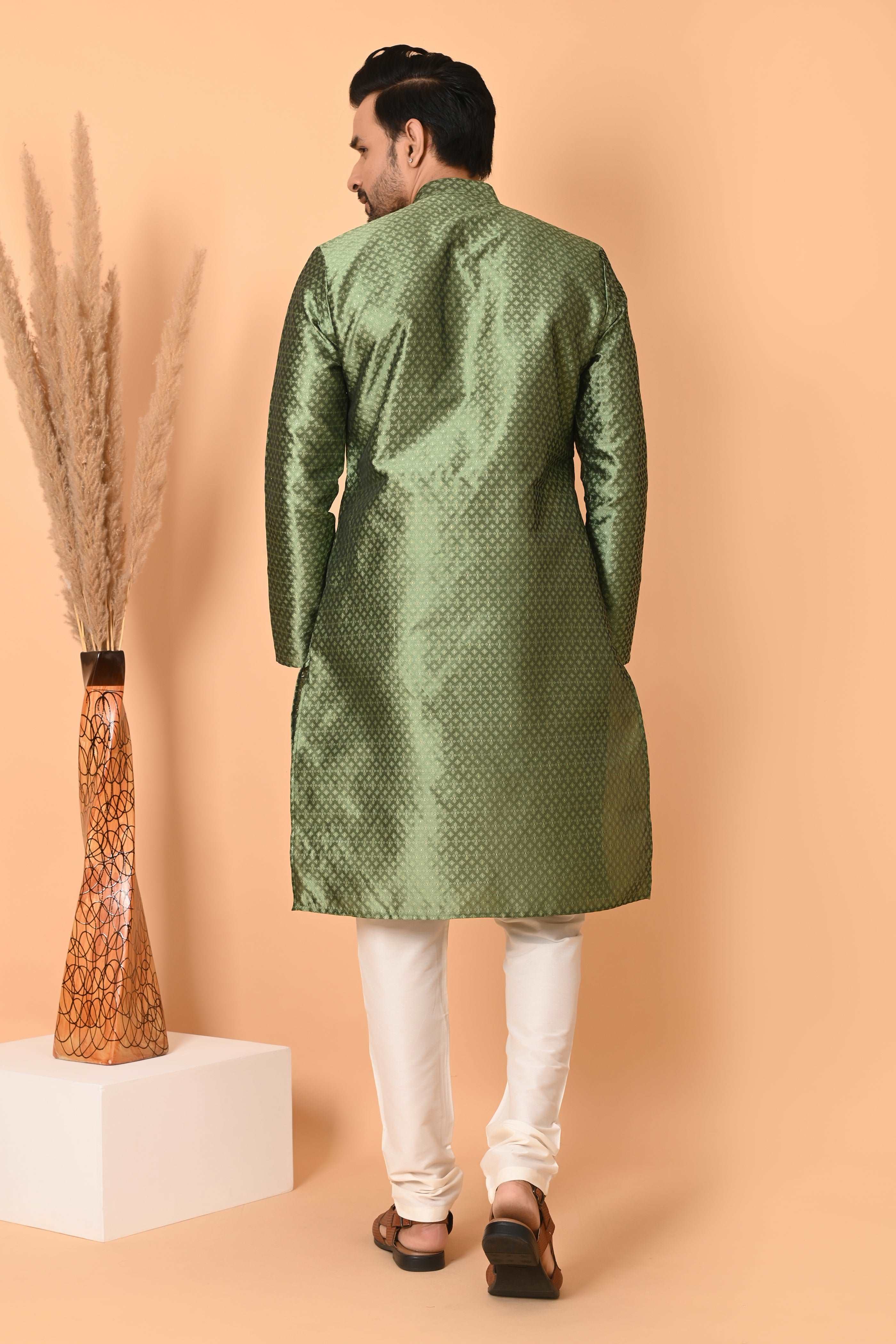 Mens Green Jacquard Silk kurta pyjama  Indian party suit kurta men