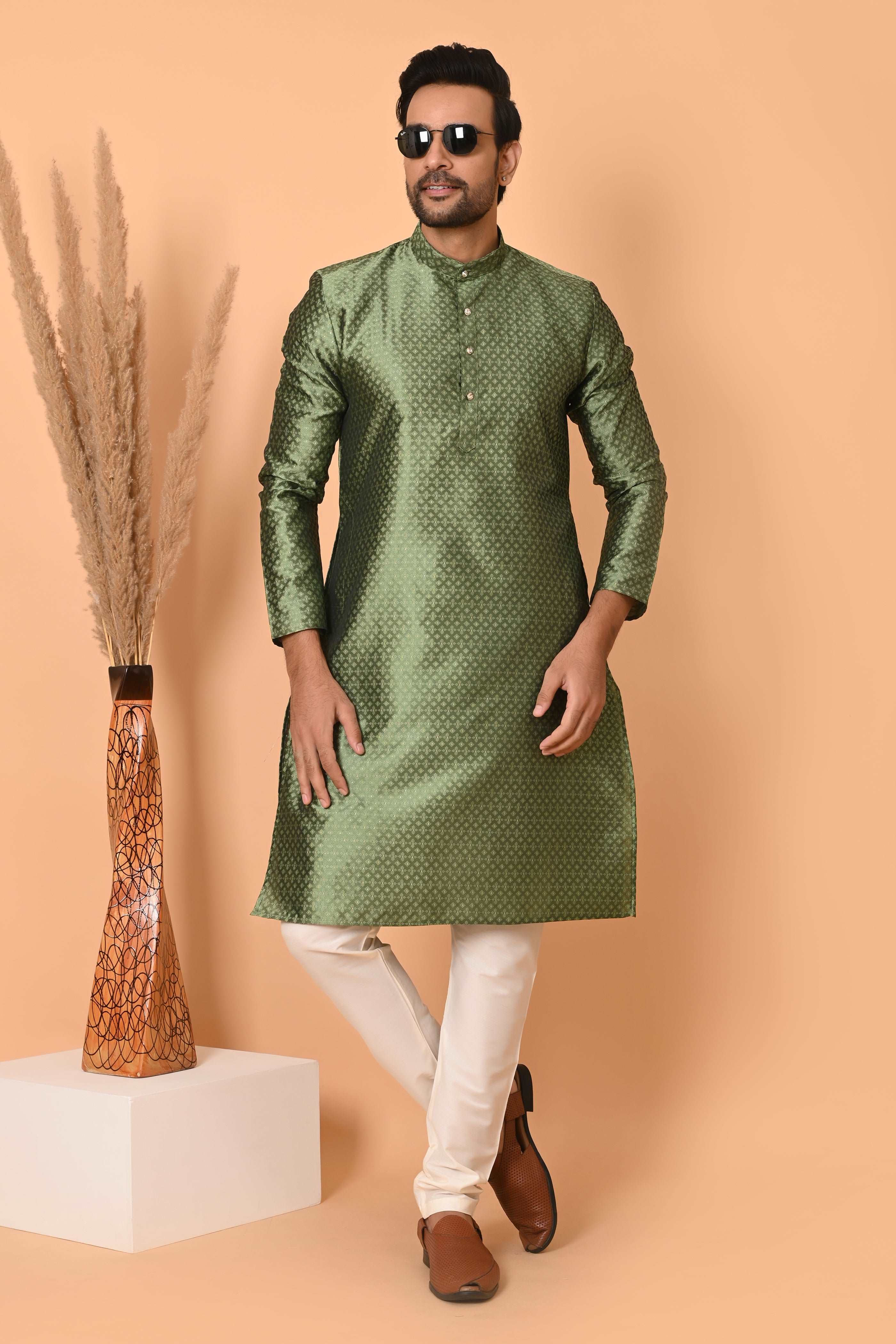 Mens Green Jacquard Silk kurta pyjama  Indian party suit kurta men