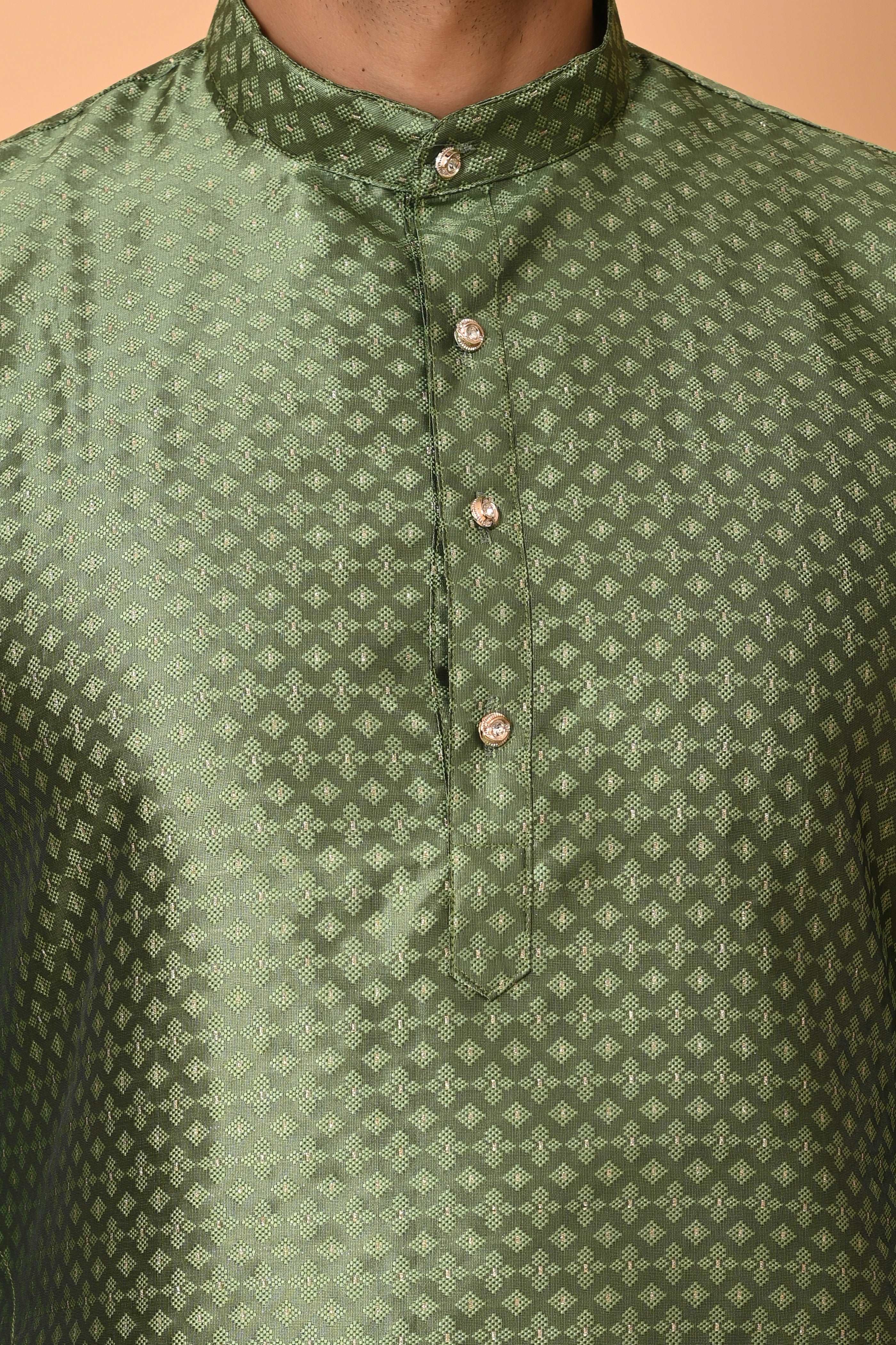 Mens Green Jacquard Silk kurta pyjama  Indian party suit kurta men