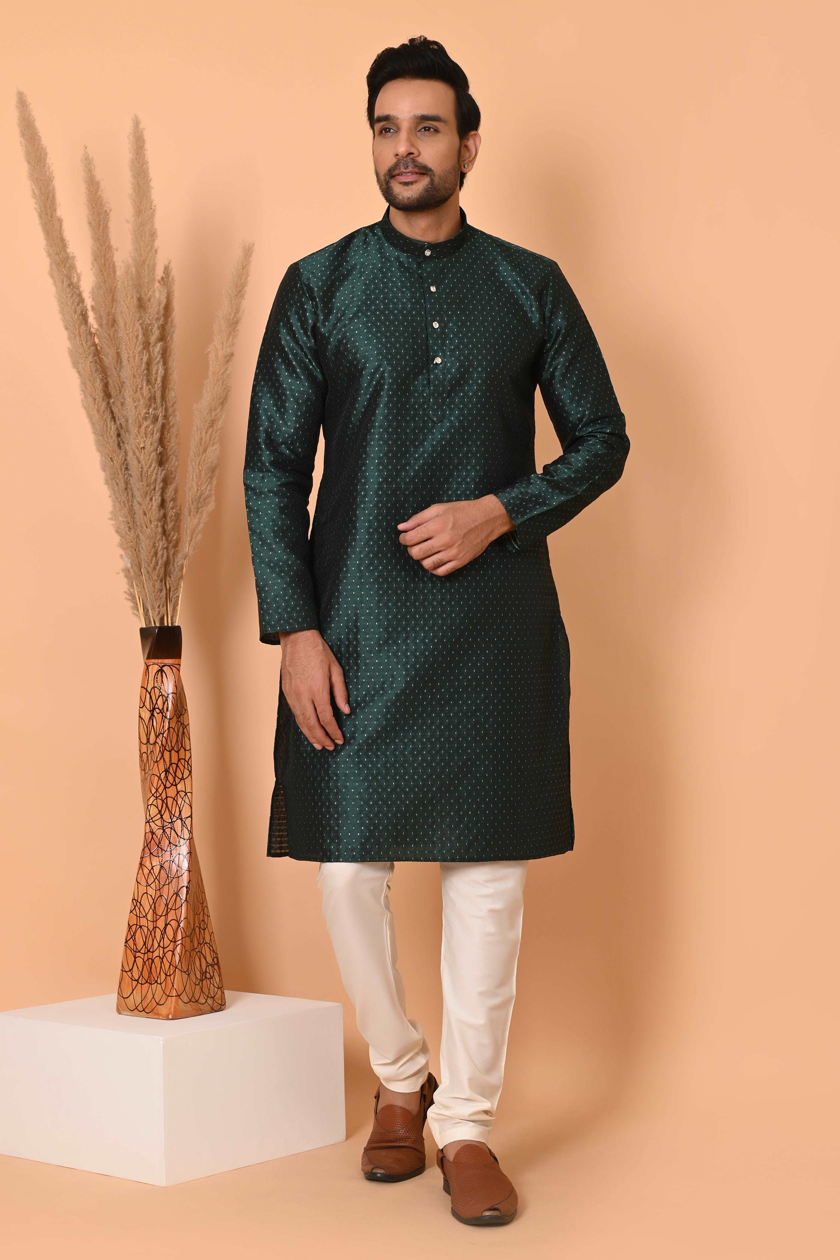 Green jacquard Silk Kurta Set  With Zari Motif And off white silk Pajama
