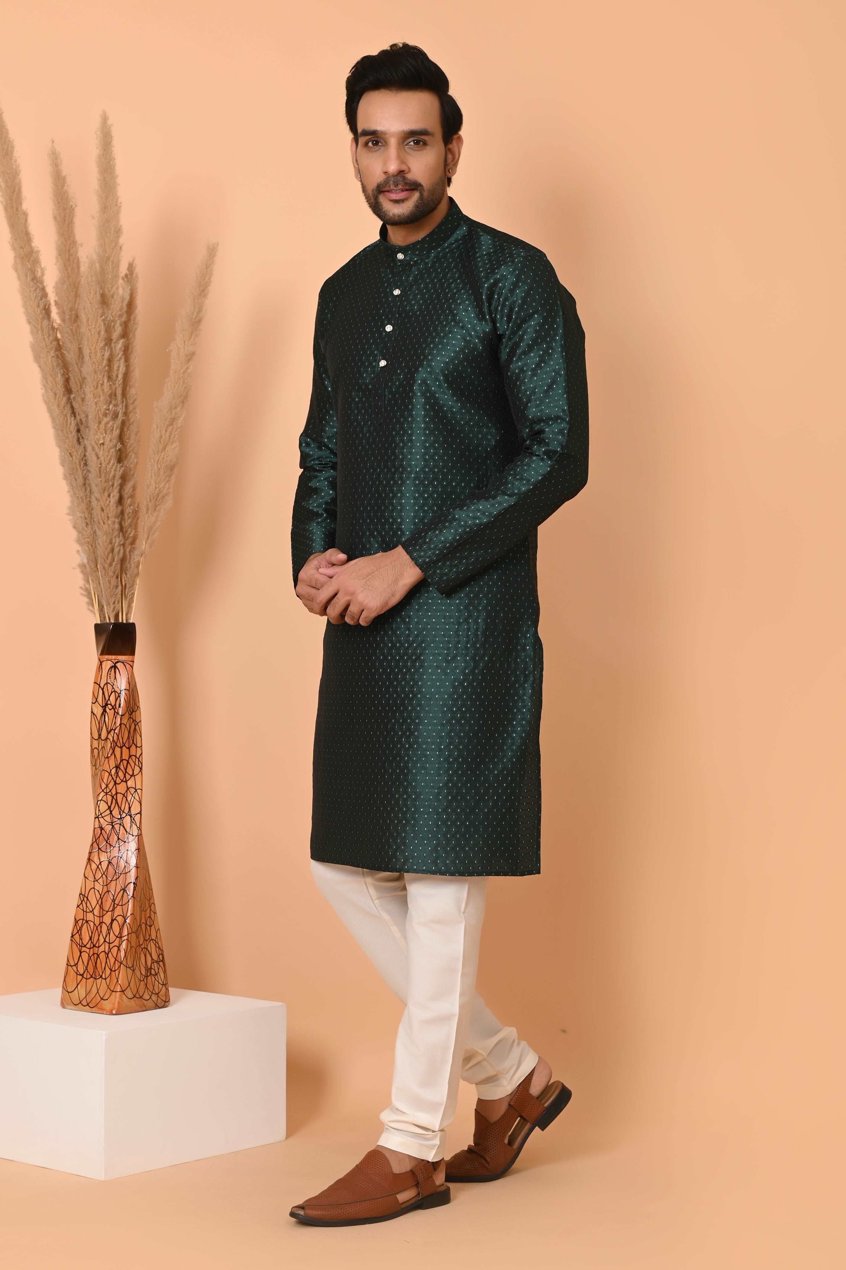 Green jacquard Silk Kurta Set  With Zari Motif And off white silk Pajama