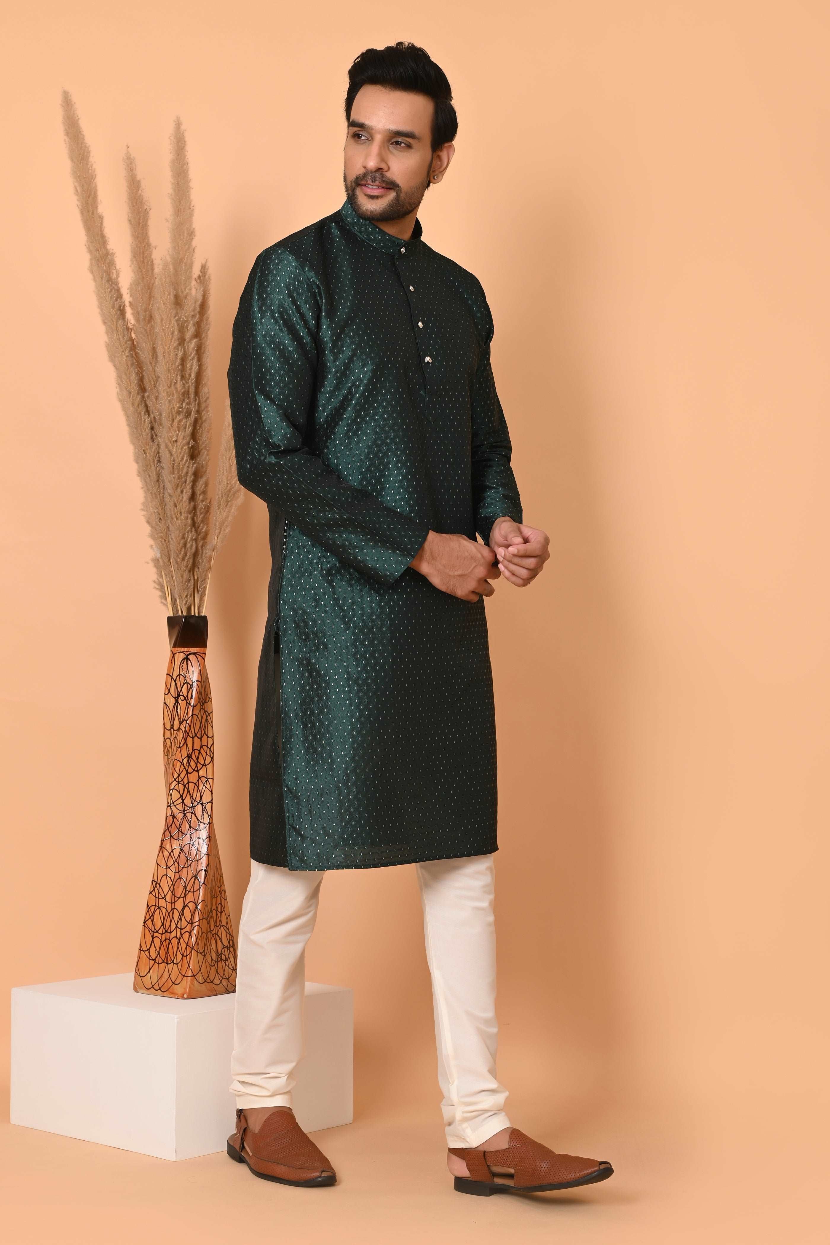 Green jacquard Silk Kurta Set  With Zari Motif And off white silk Pajama